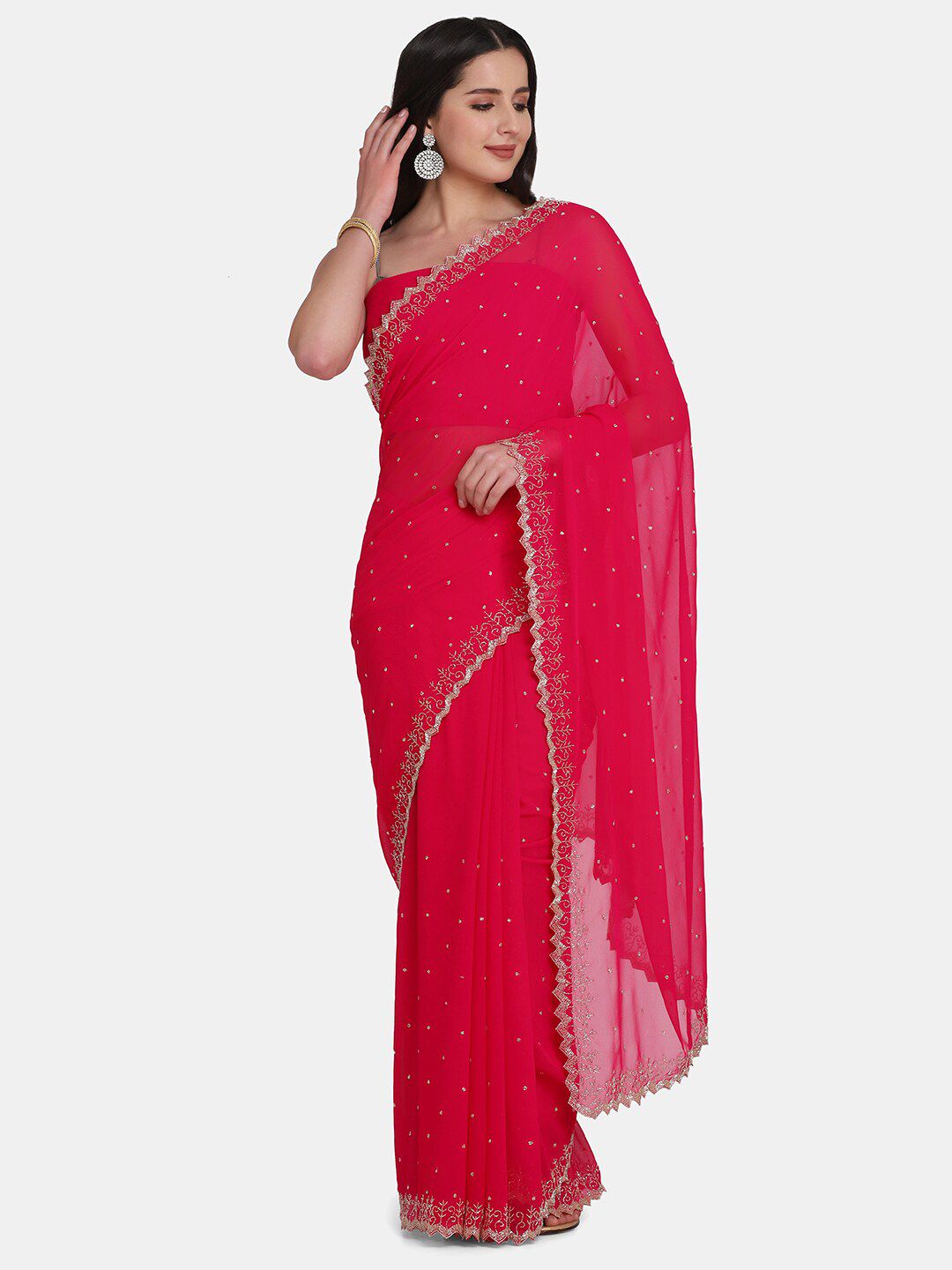 BOMBAY SELECTIONS Magenta & Silver-Toned Embellished Beads and Stones Pure Georgette Saree Price in India