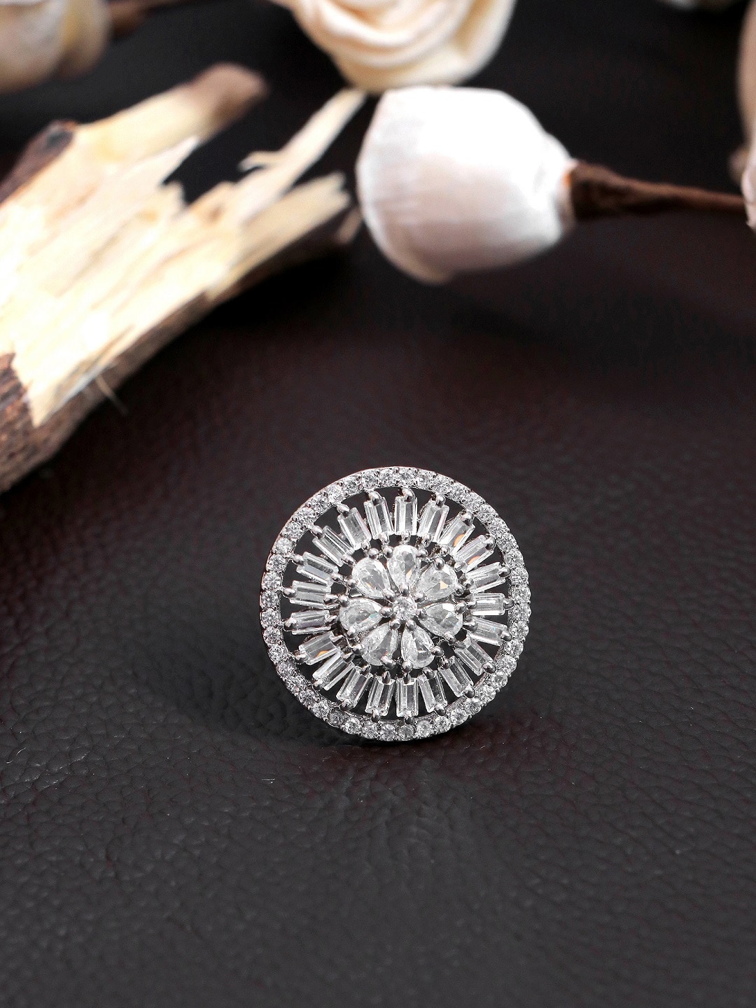 Crunchy Fashion Silver-Plated White Stone Studded Finger Ring Price in India