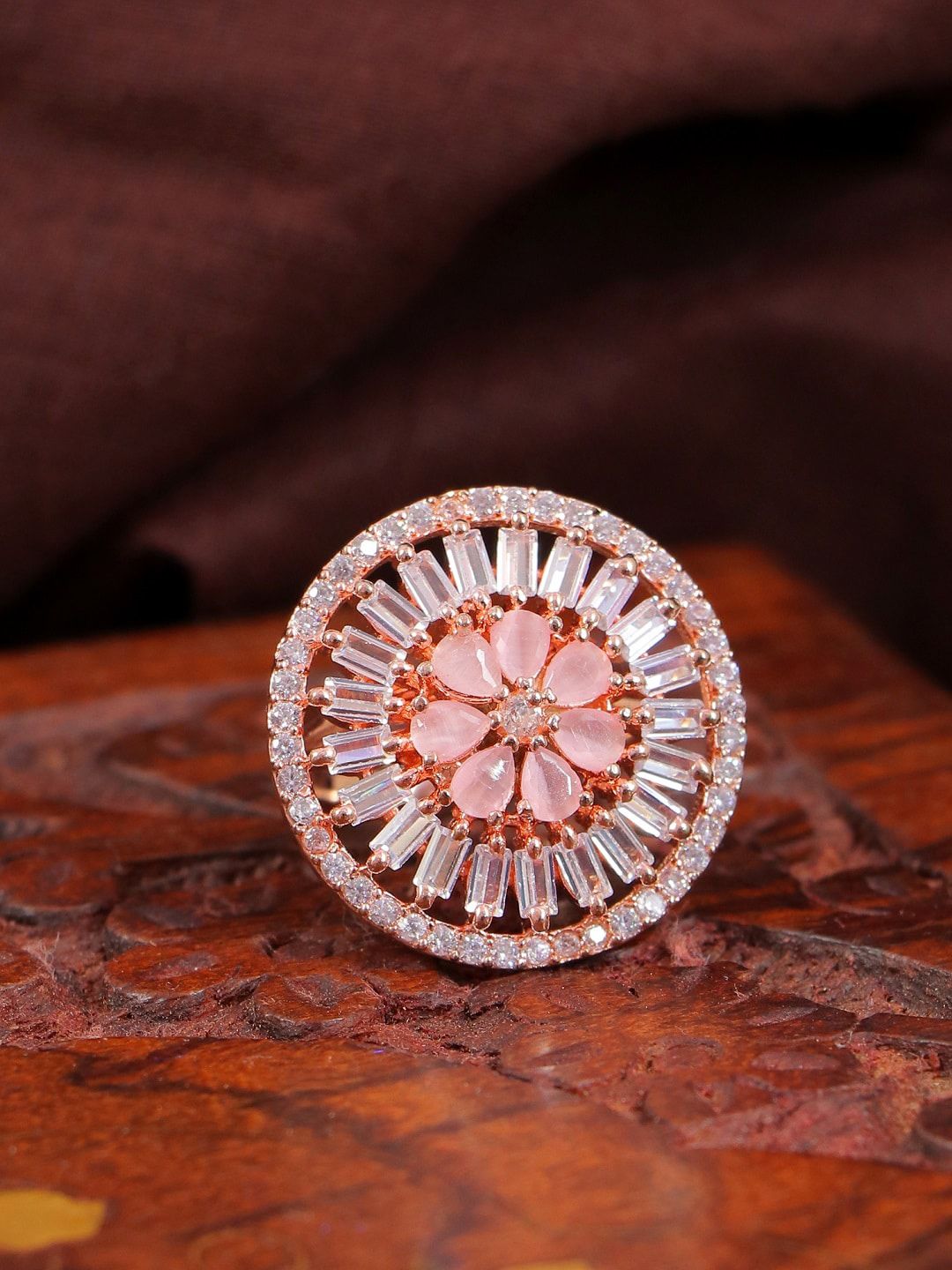 Crunchy Fashion Rose Gold-Plated & White AD-Studded Adjustable Finger Ring Price in India