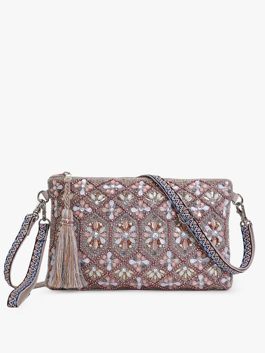 Anekaant Silver-Toned Floral Embellished Jacquard Sling Bag with Tassells & Wrist Loop Price in India