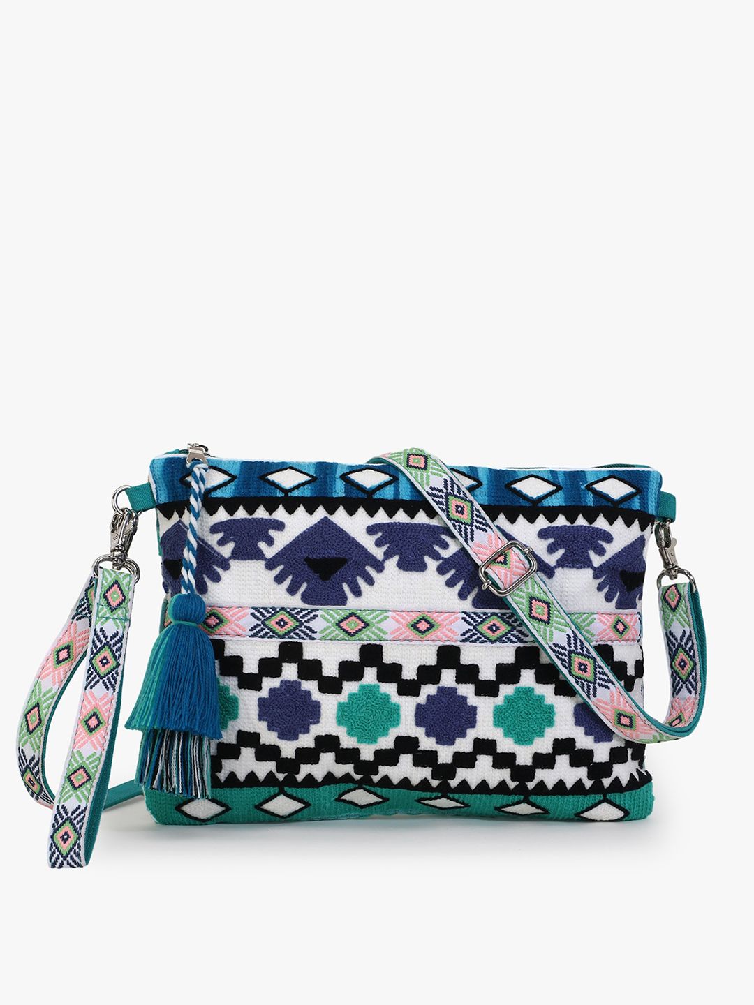 Anekaant Turquoise Blue Ethnic Motifs Embellished Structured Sling Bag with Tasselled Price in India