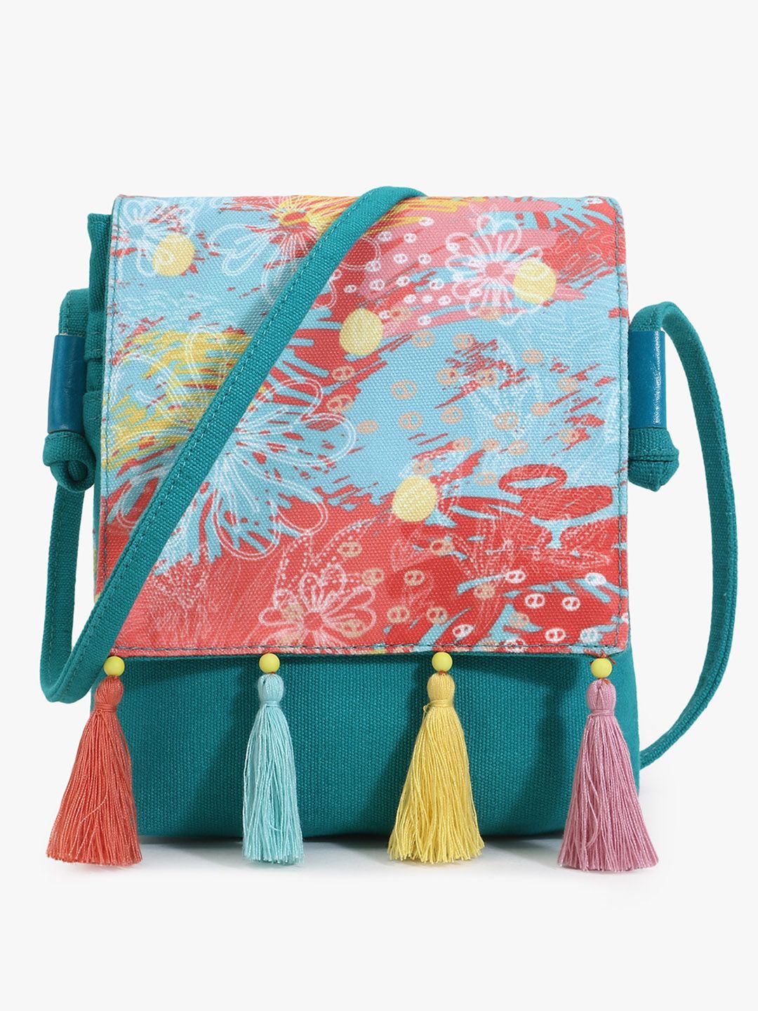 Anekaant Turquoise Blue & Rust Red Floral Digital Print Structured Sling Bag Price in India