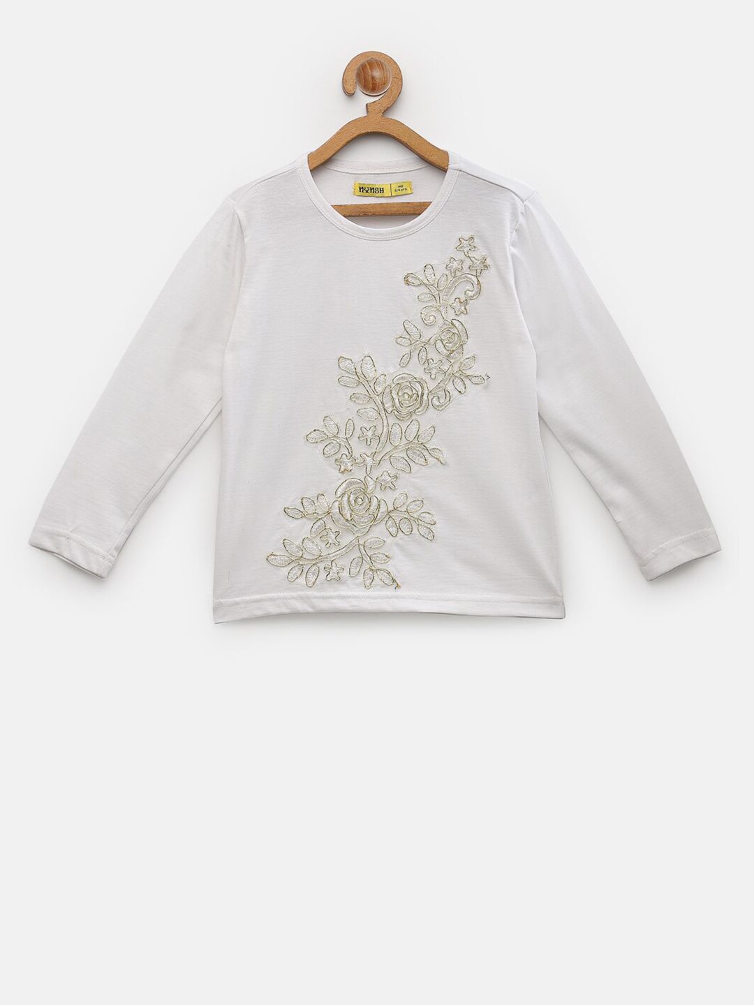 NYNSH- PlusS Kids Girls White & Gold-Toned Floral Embroidered Pure Cotton Top