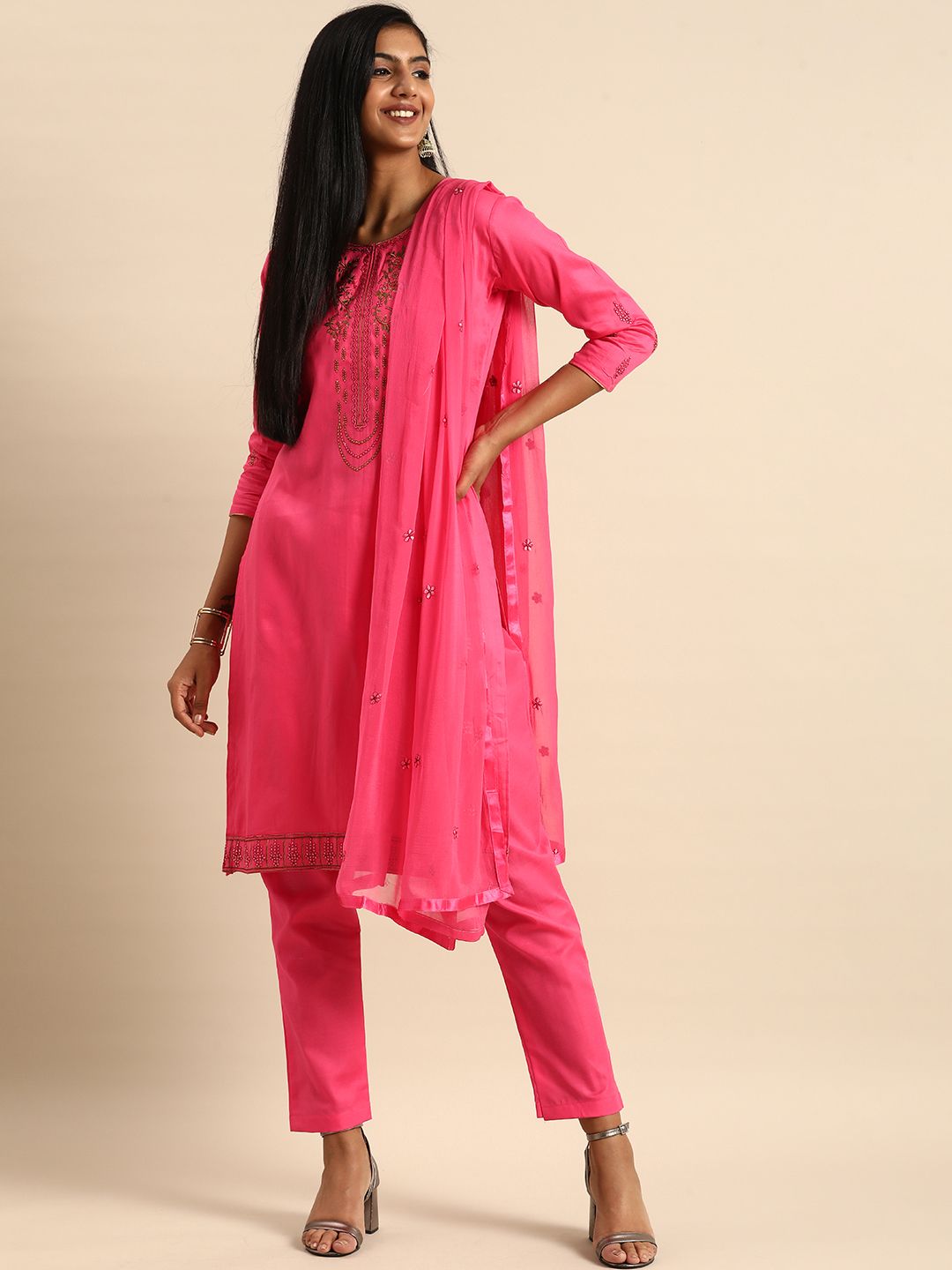 Shaily Pink Embroidered Pure Cotton Unstitched Kurta Set Material Price in India