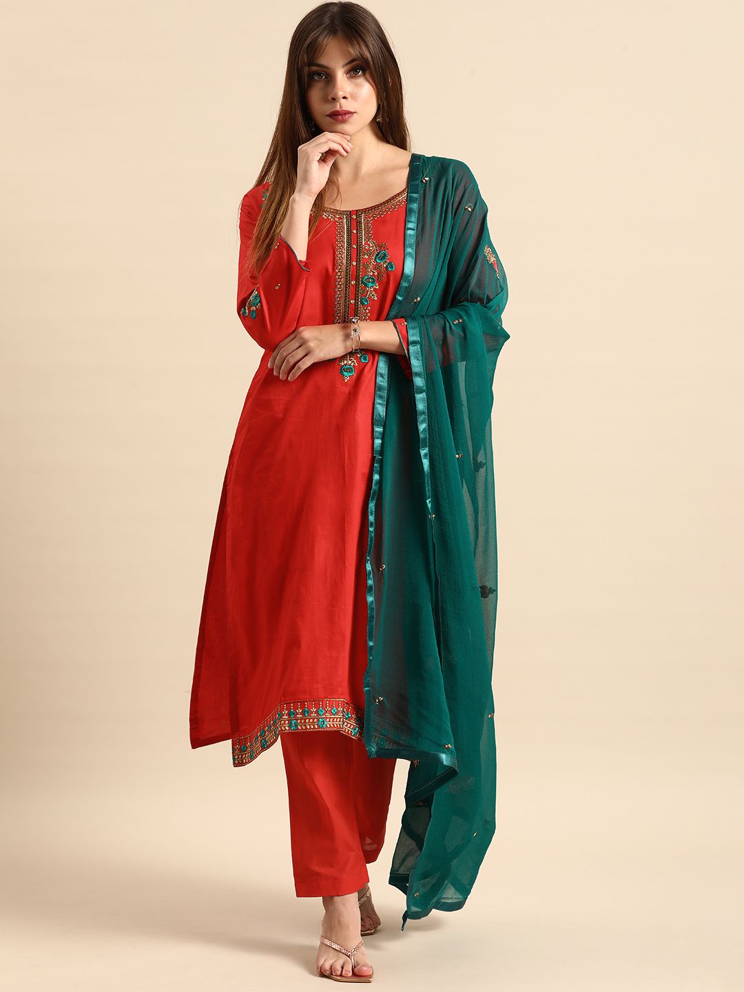 Shaily Red & Teal Green Embroidered Pure Cotton Unstitched Dress Material Price in India
