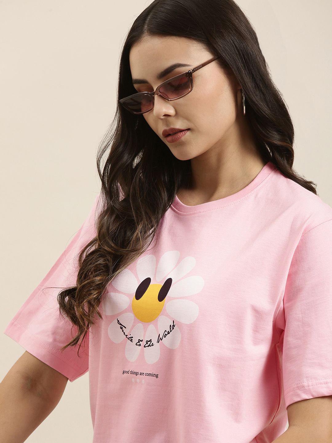 Difference of Opinion Women Pink Typography Printed Pure Cotton Oversized T-Shirt Price in India