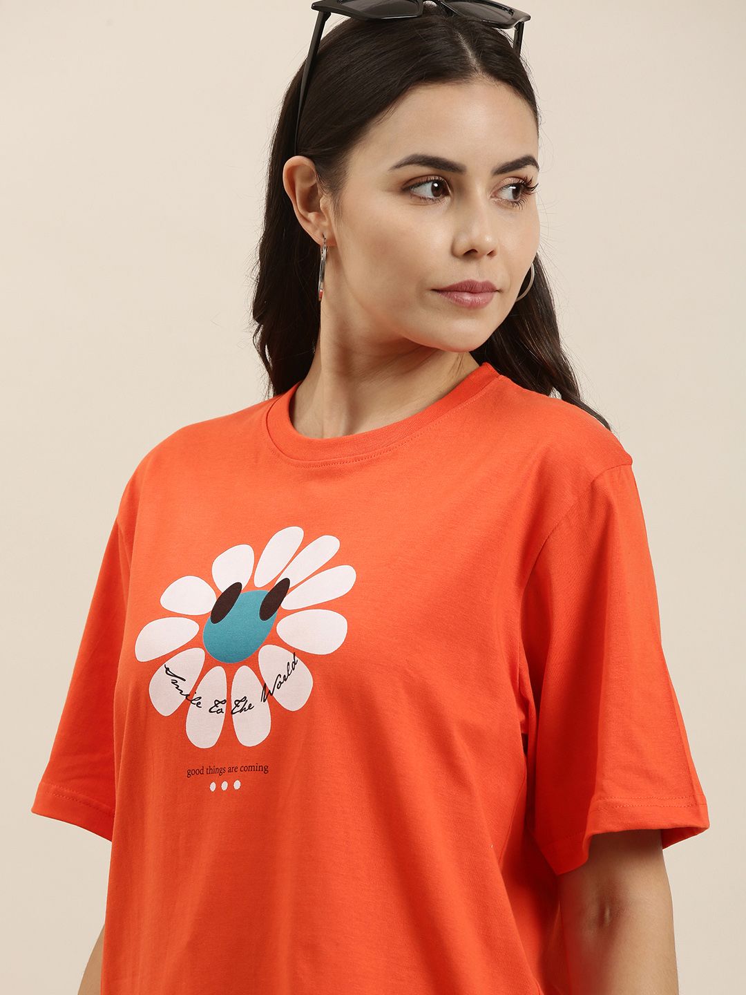 Difference of Opinion Women Orange Typography Printed Pure Cotton Oversized T-Shirt Price in India