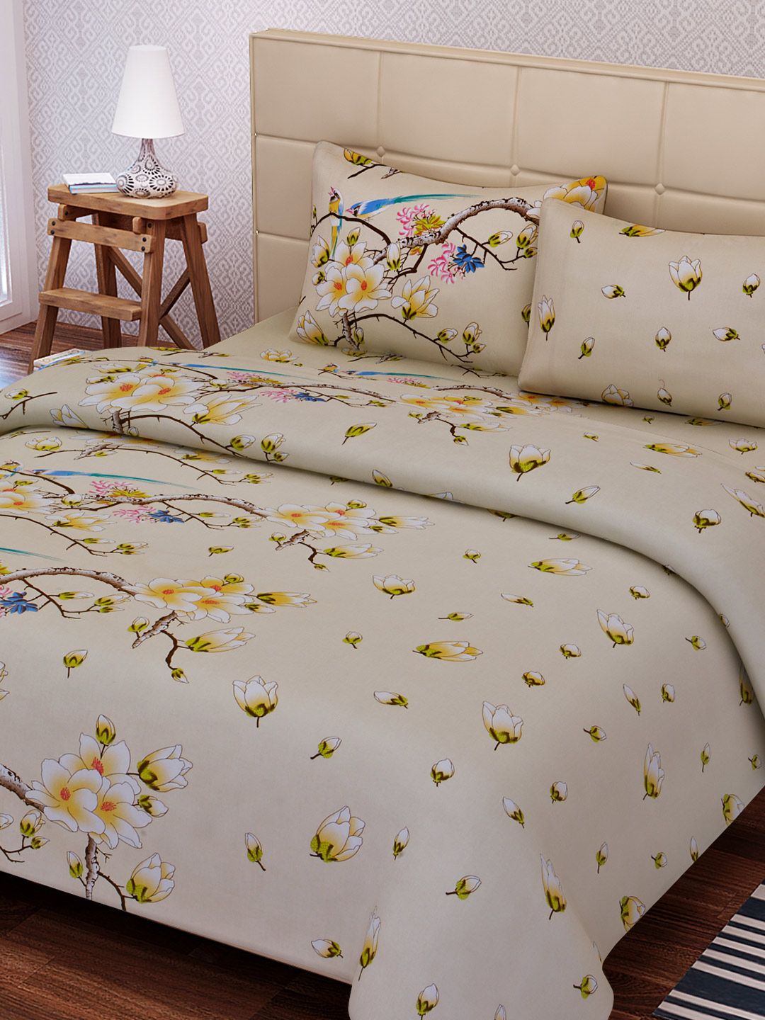 SEJ by Nisha Gupta Cream-Coloured 180 TC Cotton Double Bedsheet with 2 Pillow Covers Price in India