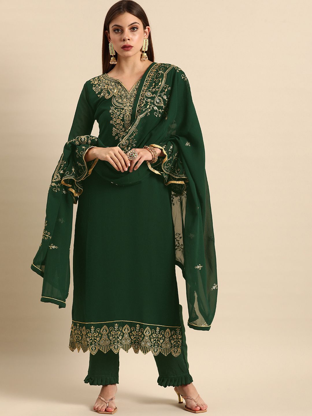 Shaily Green & Golden Embroidered Unstitched Dress Material Price in India