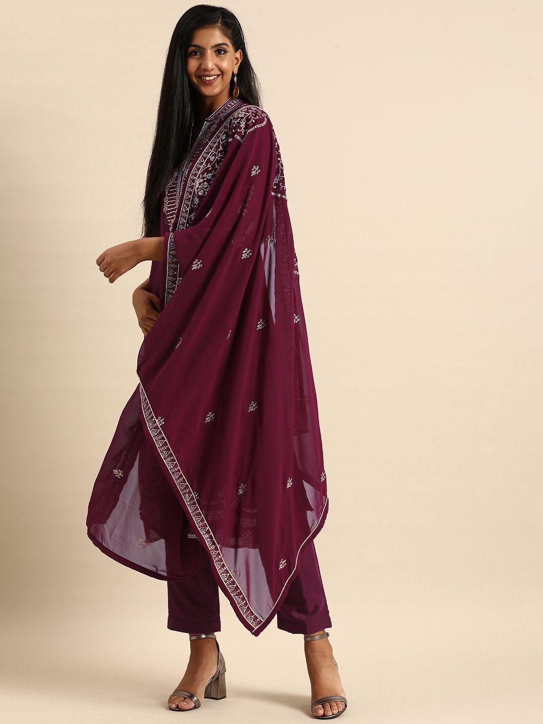 Shaily Women Burgundy Ethnic Motifs Embroidered Silk Georgette Unstitched Dress Material Price in India