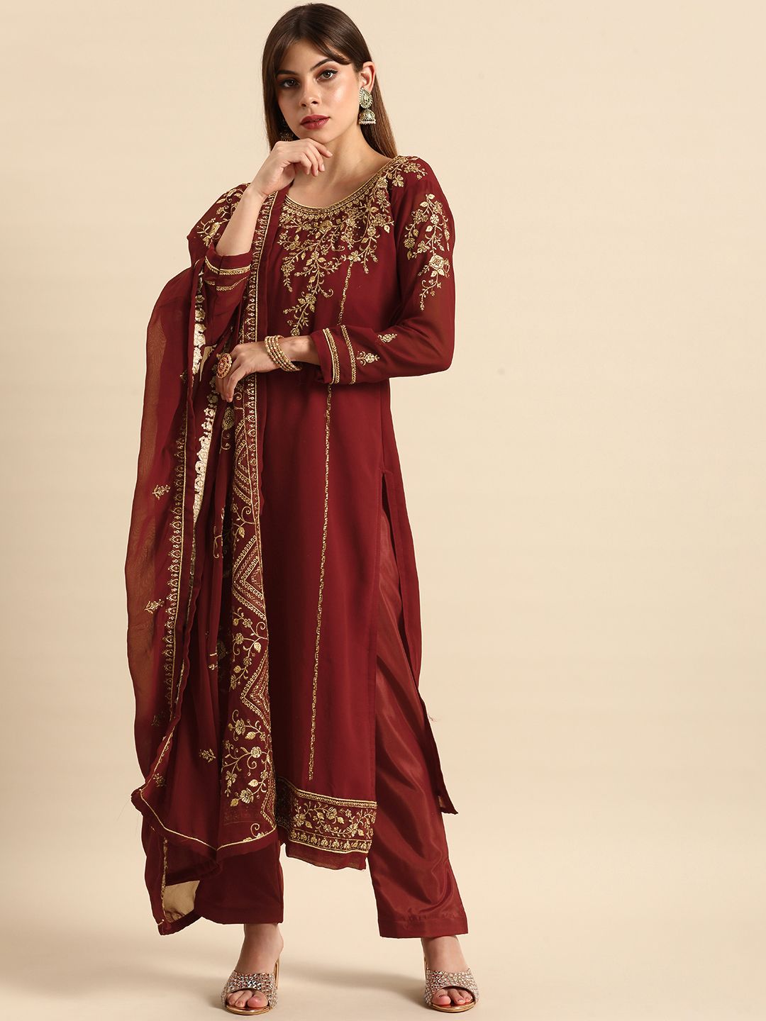 Shaily Maroon & Golden Embroidered Silk Georgette Unstitched Dress Material Price in India