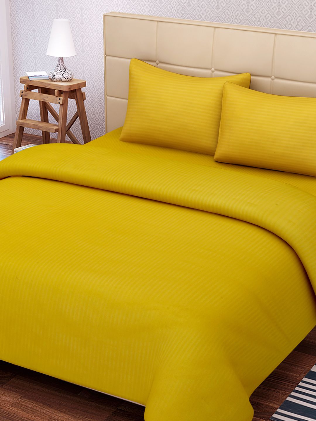 SEJ by Nisha Gupta Mustard Yellow 220 TC Fine Cotton Queen Bedsheet with 2 Pillow Covers Price in India