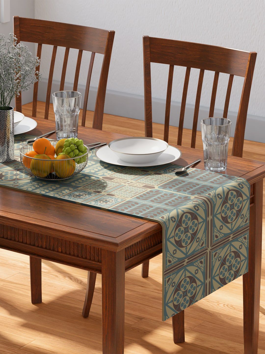 PETAL HOME Blue & Beige Printed Pure Cotton Strasbourg Table Runner Price in India