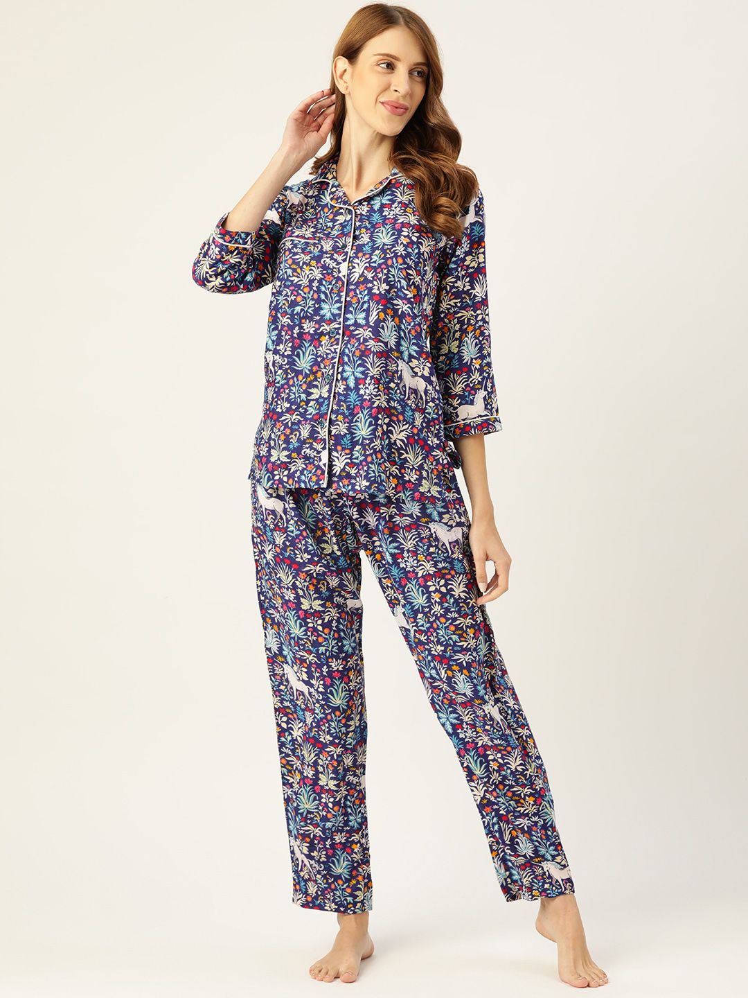 MBeautiful Women Navy Blue & White Conversational Printed Pyjama Set Price in India