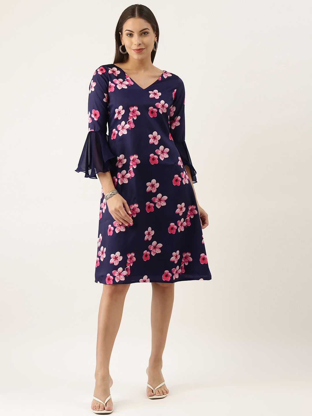 EthnoVogue Blue & Pink Floral A-Line Dress Price in India