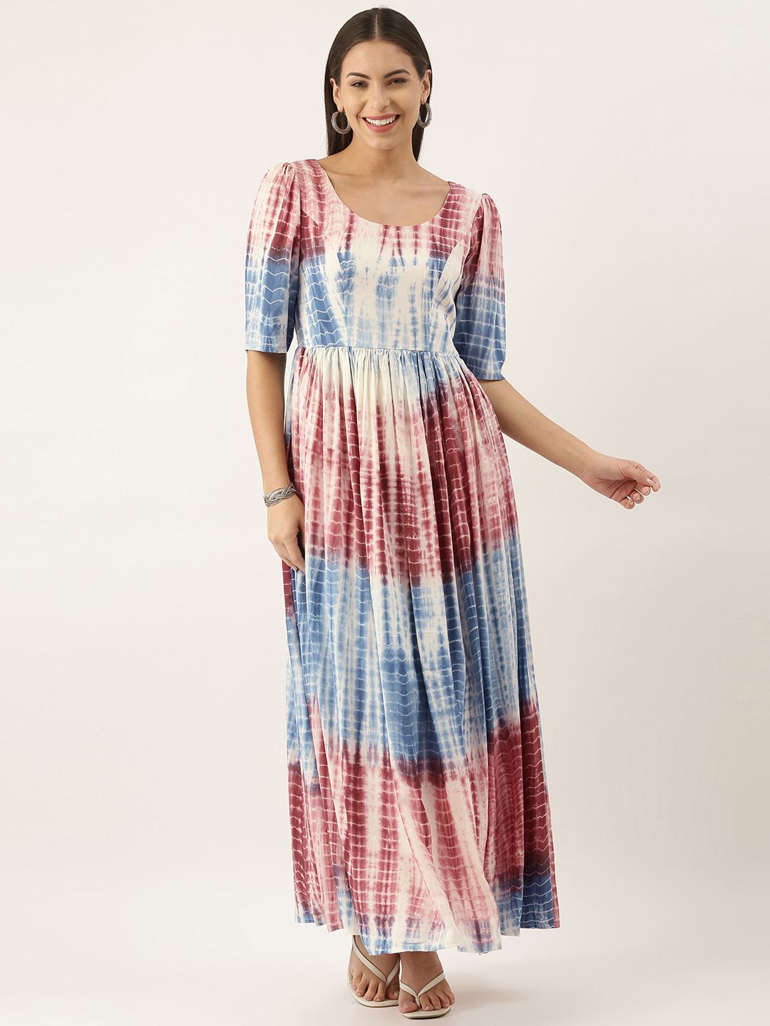 EthnoVogue Blue & Maroon Tie and Dye Maxi Dress Price in India