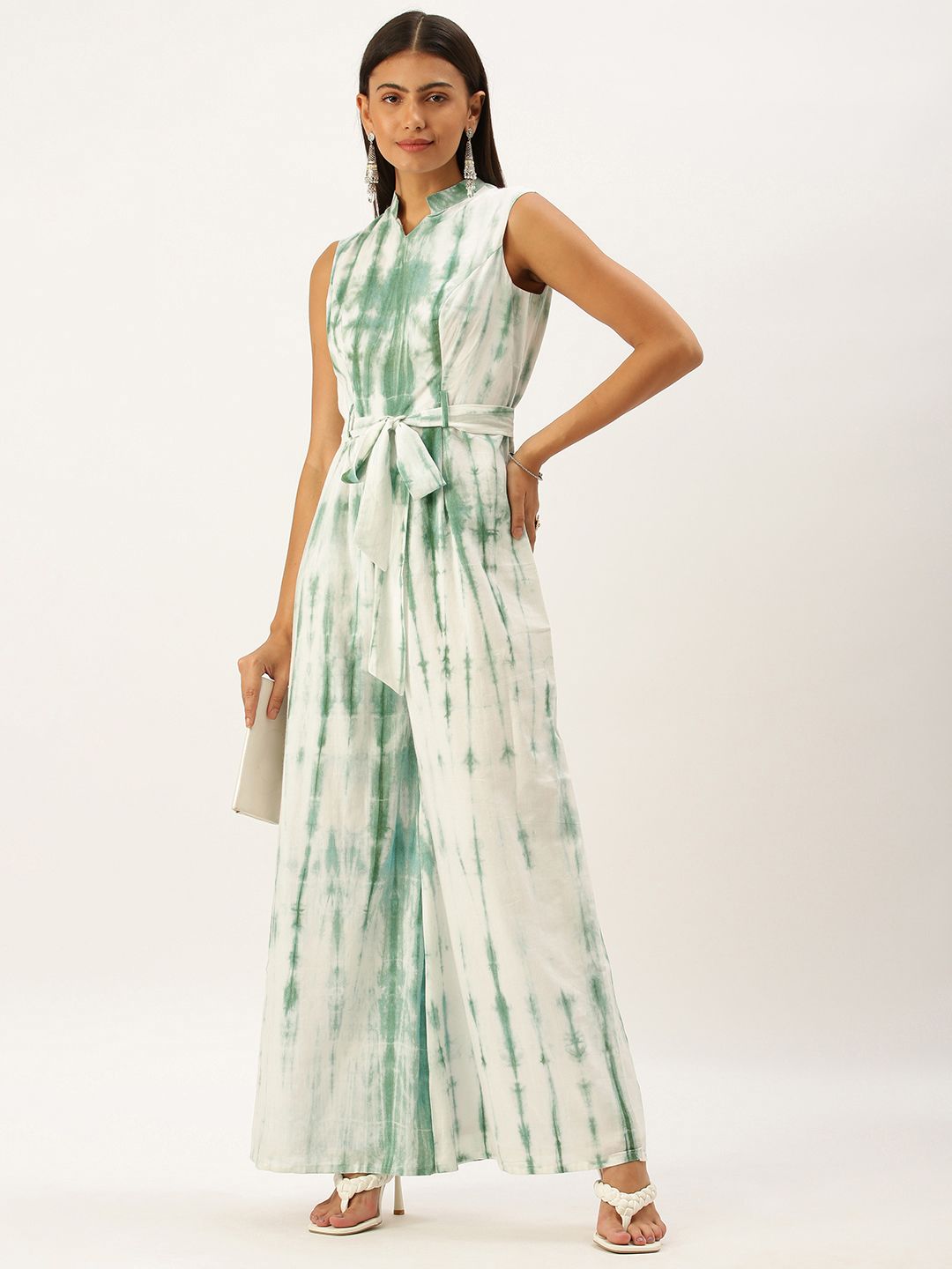 EthnoVogue Women Green & White Tie & Dye Printed Basic Jumpsuit Comes with a Belt Price in India