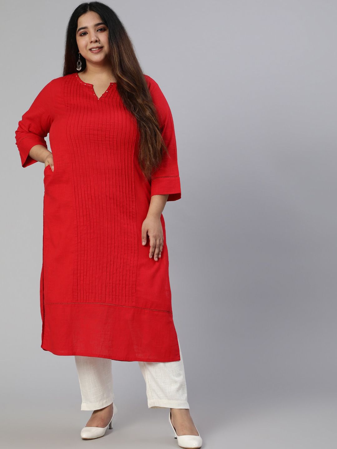 Jaipur Kurti Women Plus Size Red Cotton Pin Tucks Straight Kurta Price in India