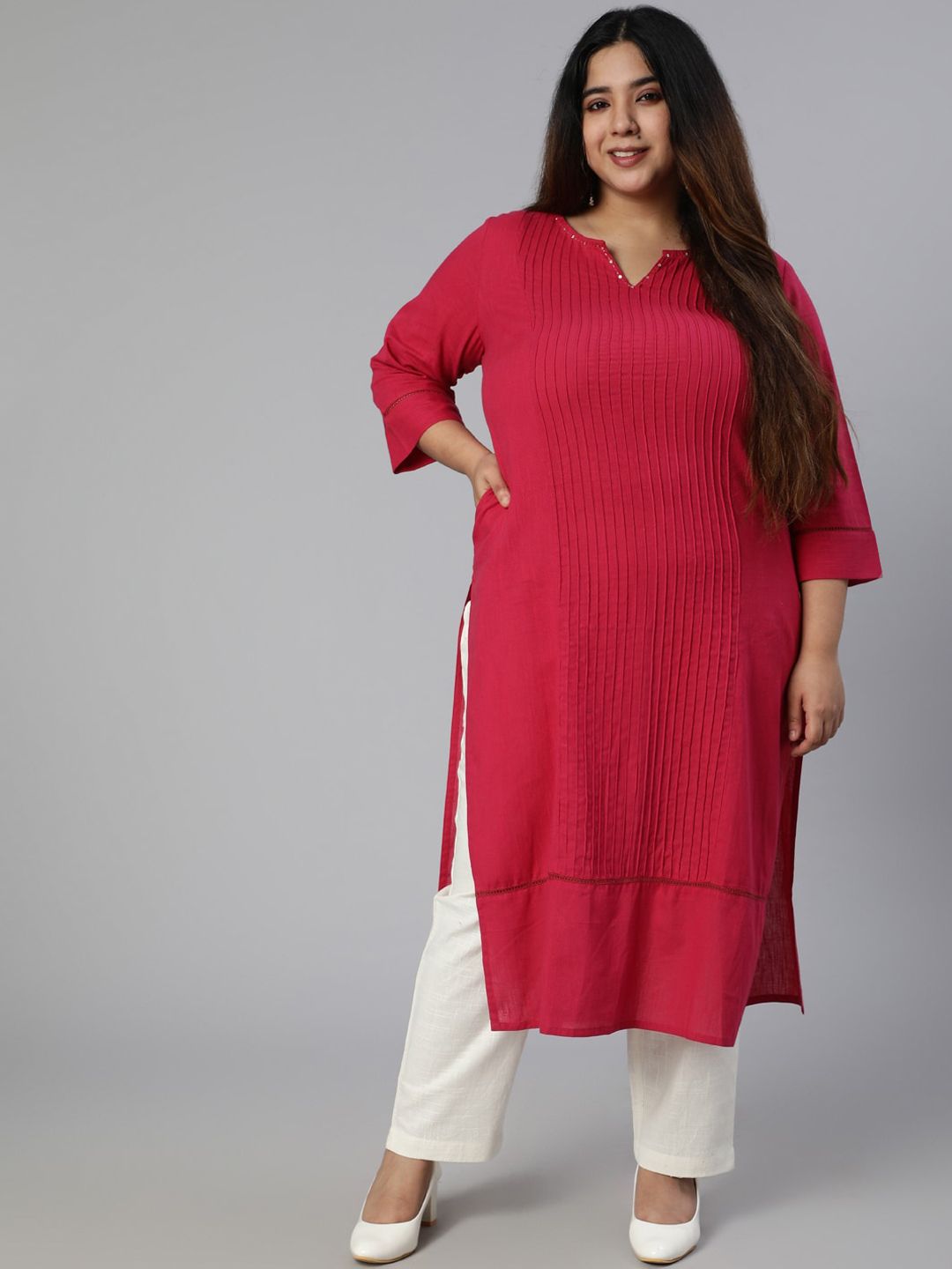 Jaipur Kurti Plus Size Women Red Solid Pure Cotton Pintucks Kurta Price in India