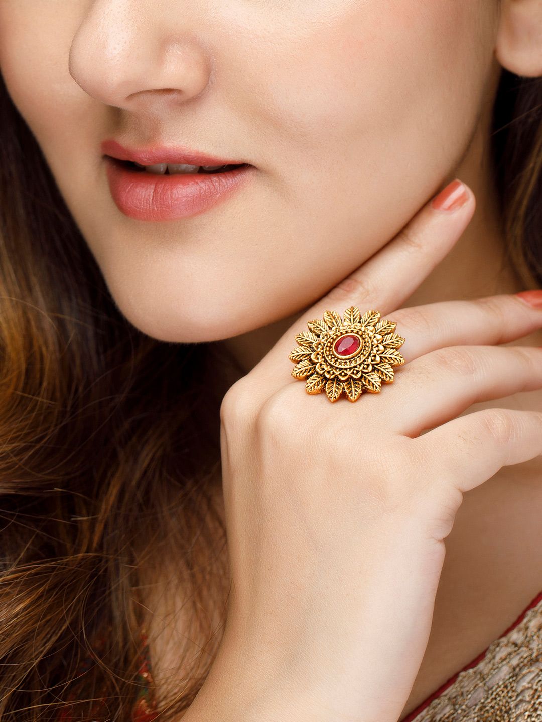Rubans 22K Gold-Plated Red Ruby-Studded Adjustable Finger Ring Price in India