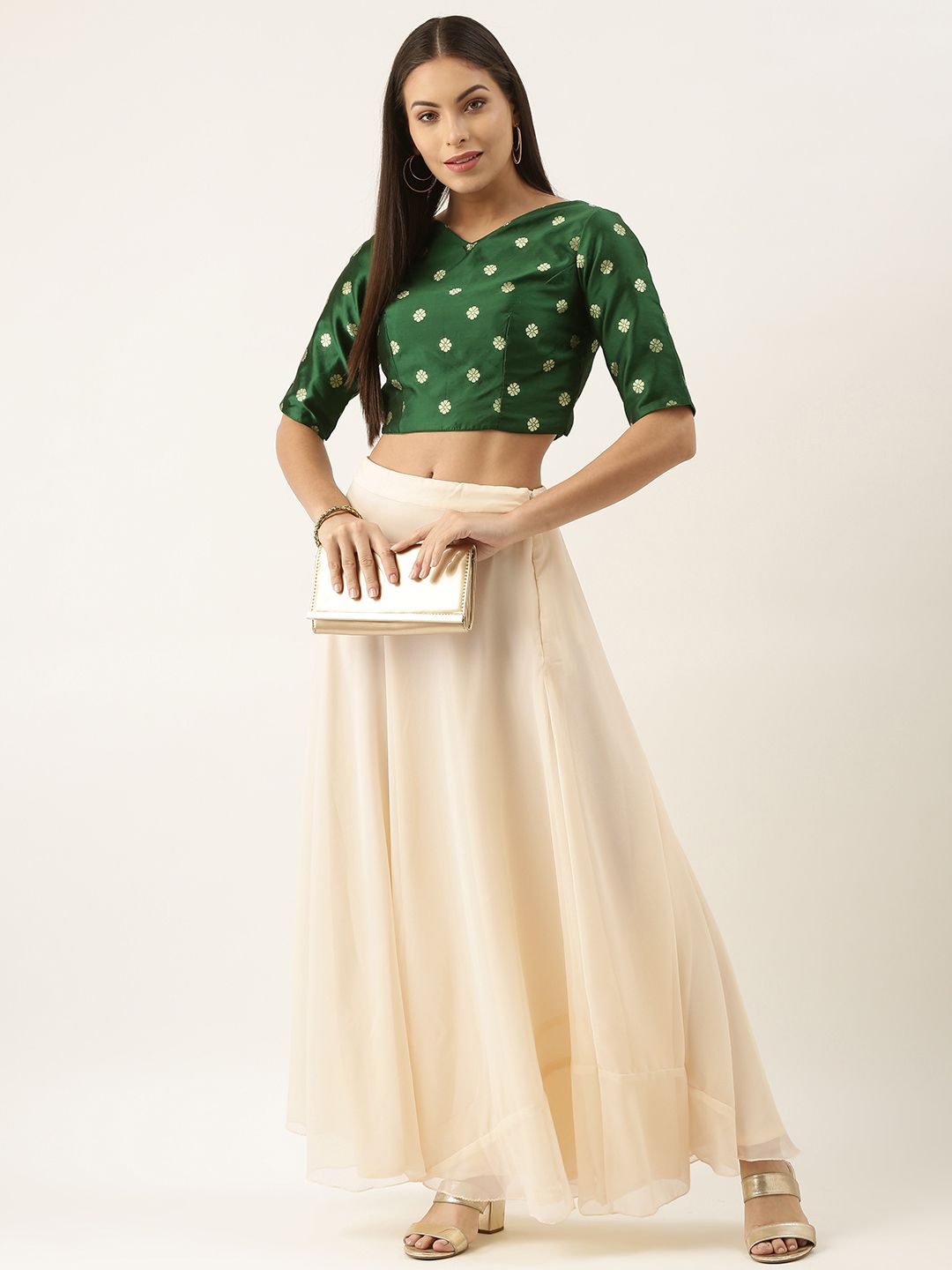 EthnoVogue Green & Off White Made to Measure Lehenga & Choli