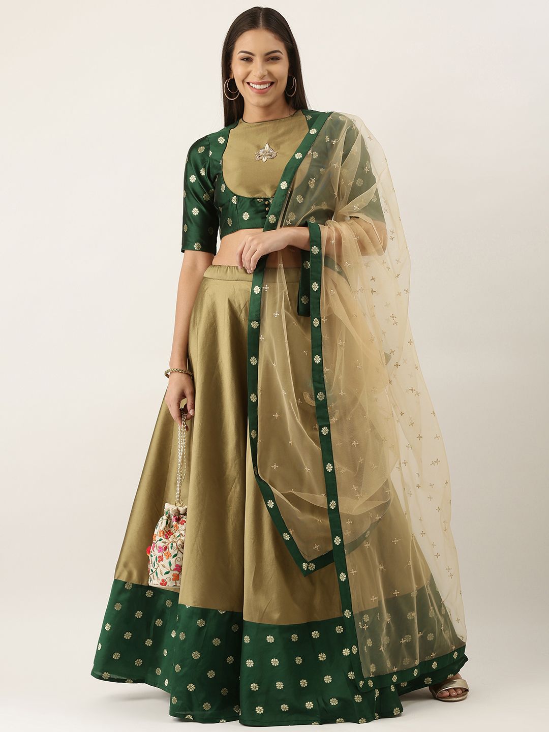 EthnoVogue Green & Beige Embellished Zardozi Made to Measure Lehenga & Blouse With Dupatta Price in India