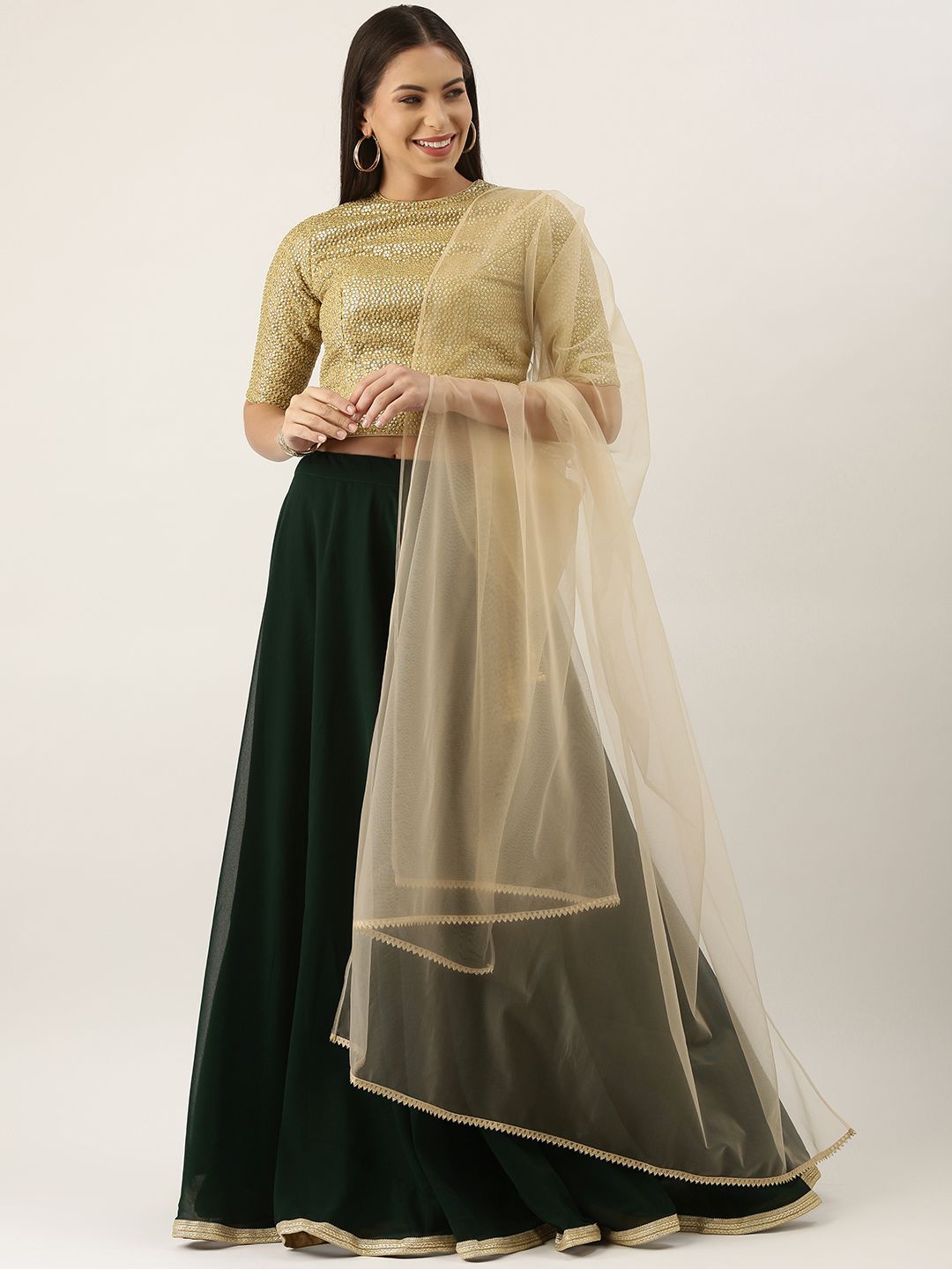 EthnoVogue Beige & Green Embellished Zardozi Made to Measure Lehenga & Blouse With Dupatta
