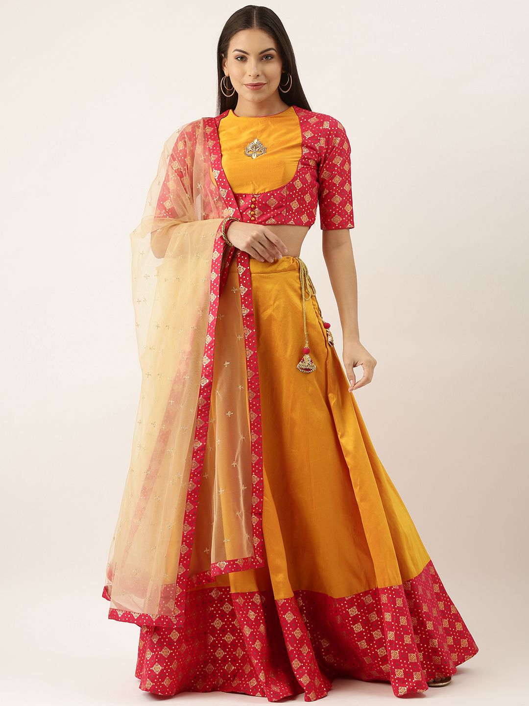 EthnoVogue Red & Yellow Embellished Zardozi Made to Measure Lehenga & Blouse With Dupatta Price in India