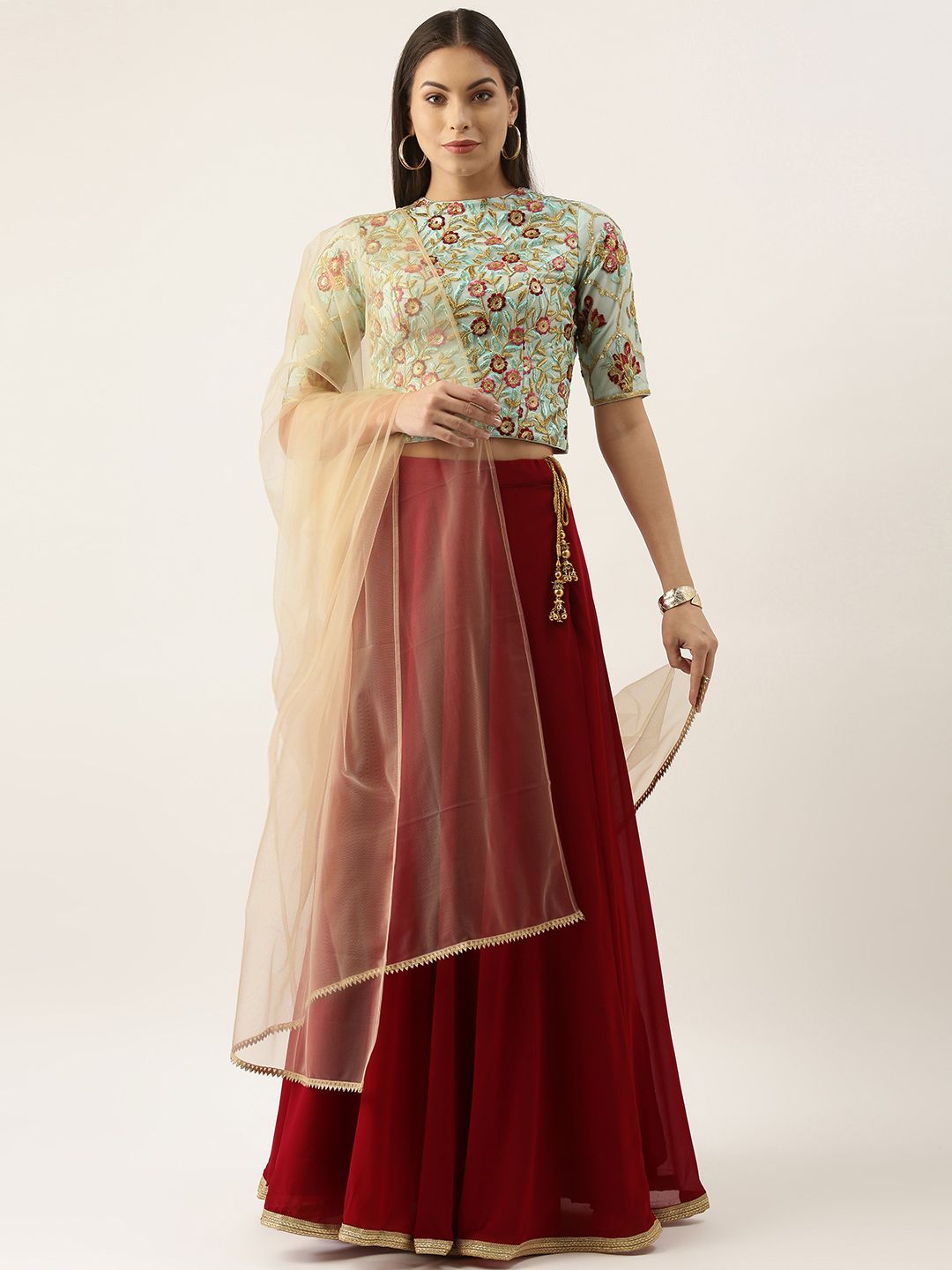 EthnoVogue Green & Maroon Embroidered Made to Measure Lehenga & Blouse With Dupatta