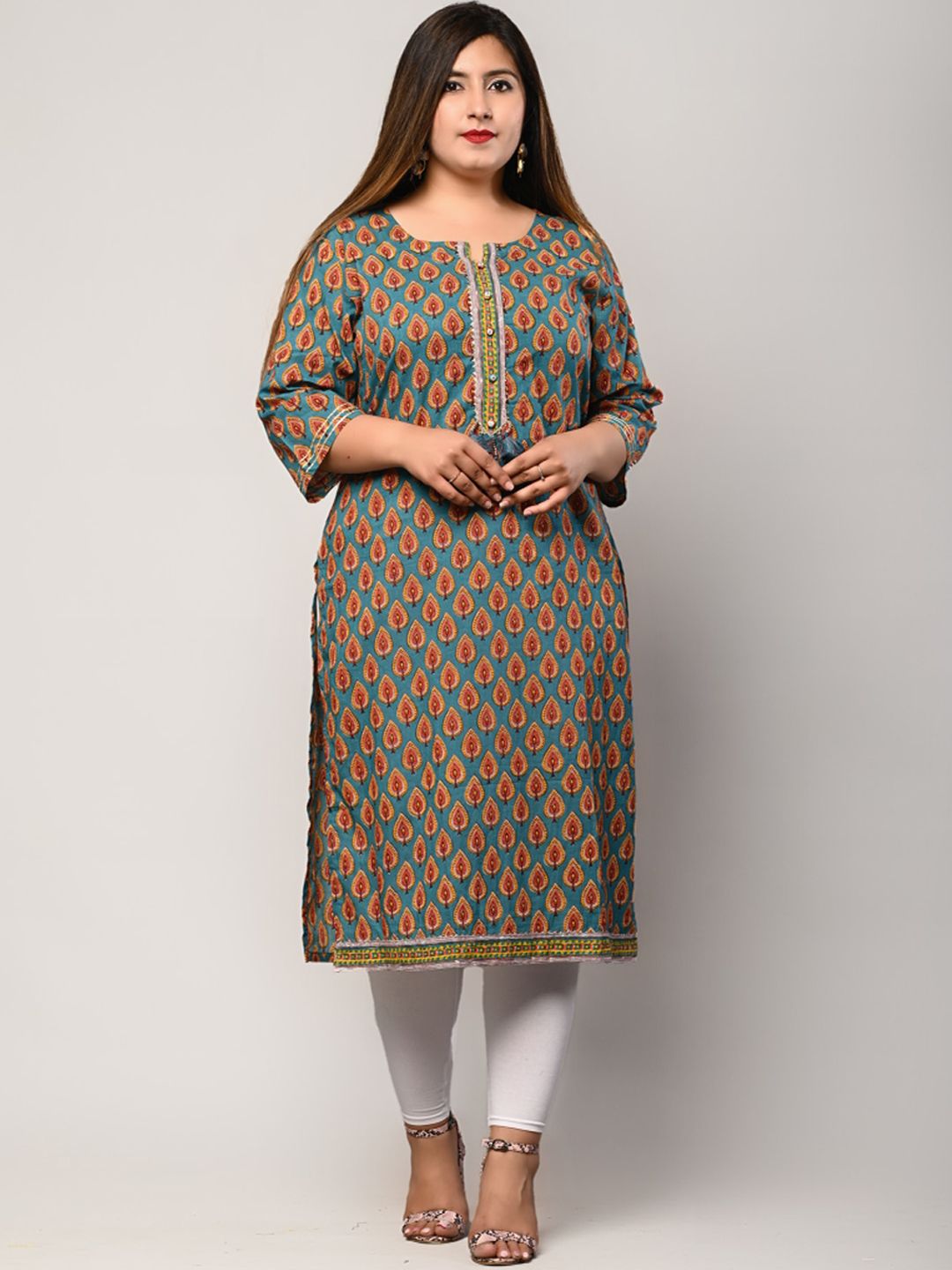 Swasti Plus Size Women Blue & Orange Printed Pure Cotton Kurta Price in India