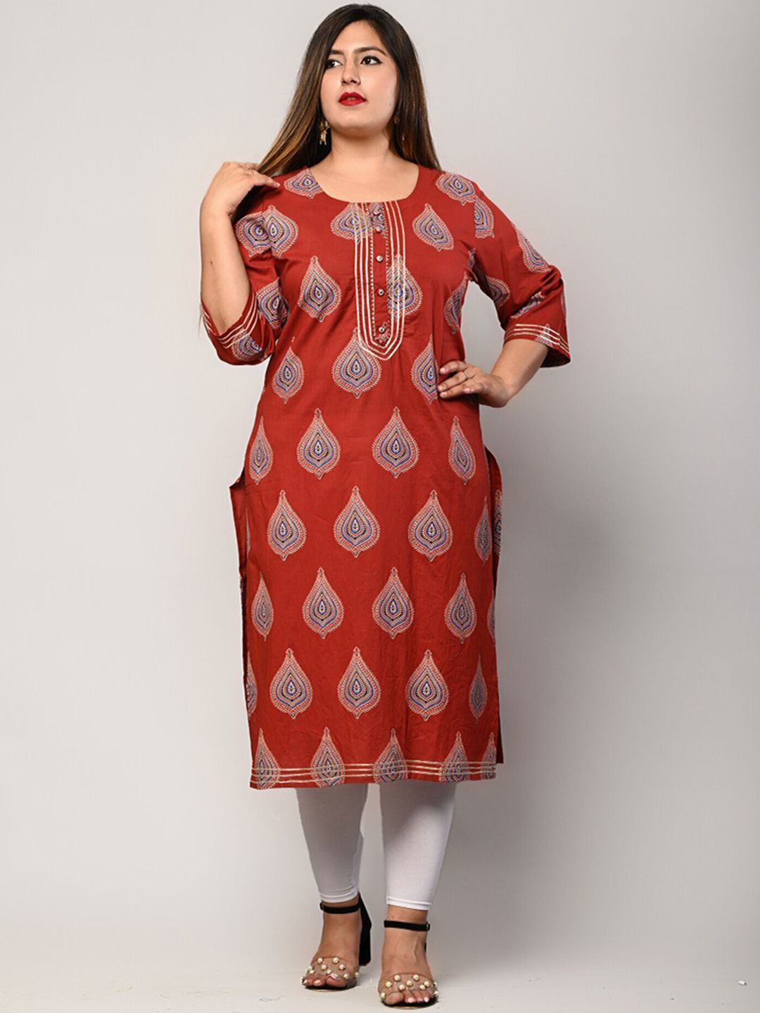 Swasti Women Plus Size Red Ethnic Motifs Printed Cotton Kurta Price in India