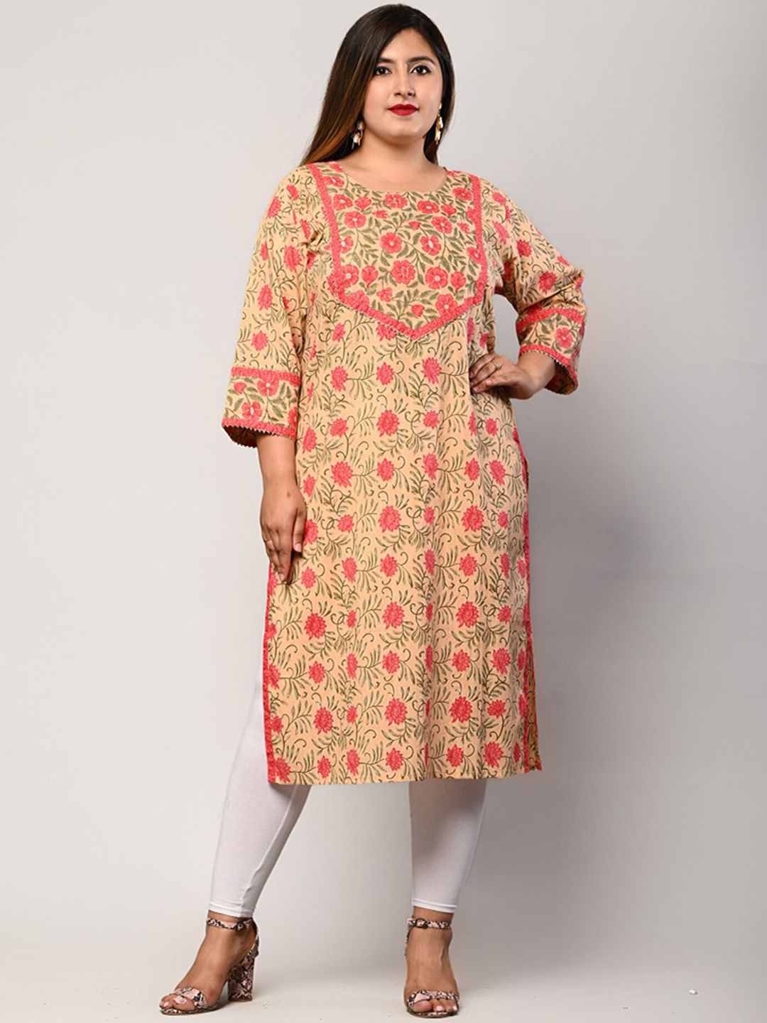 Swasti Plus Size Women Beige & Peach-Coloured Printed Pure Cotton Kurta Price in India