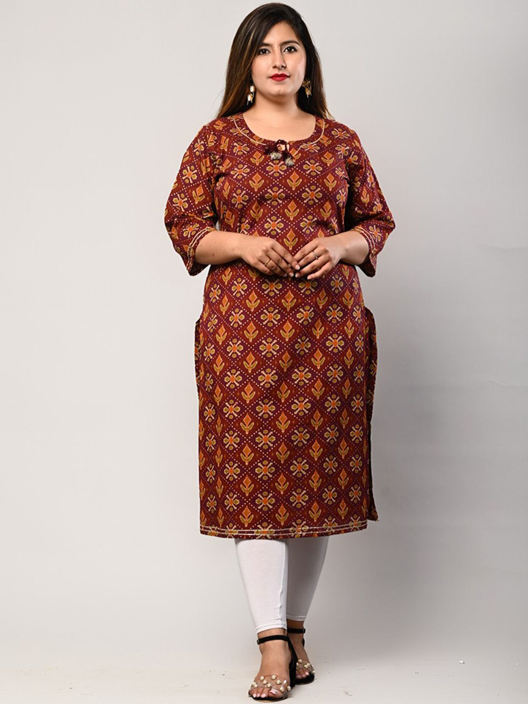Swasti Plus Size Women Maroon Ethnic Motifs Printed Pure Cotton Kurta Price in India