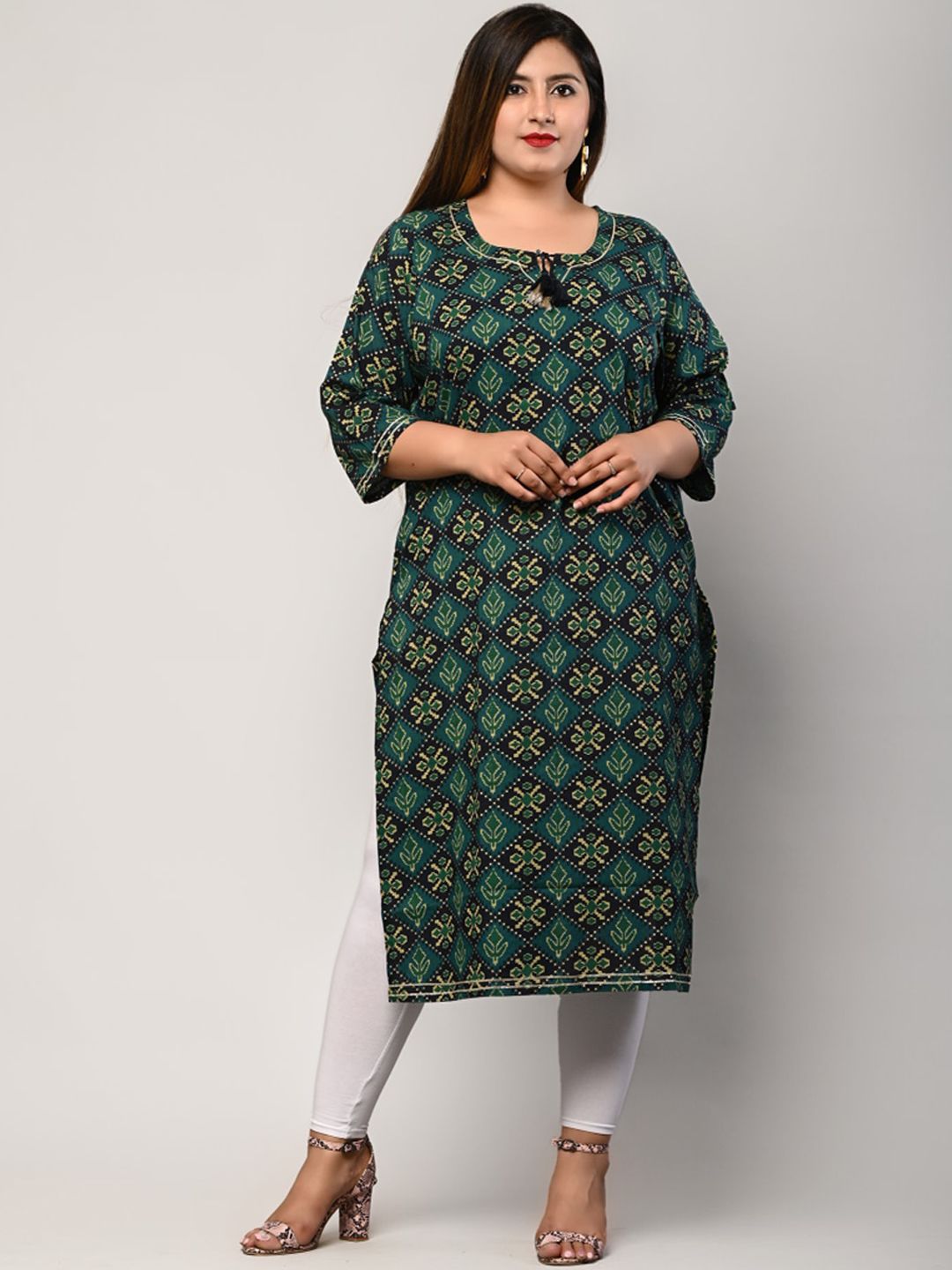 Swasti Women Plus Size Green Ethnic Motifs Printed Keyhole Neck Cotton Kurta Price in India