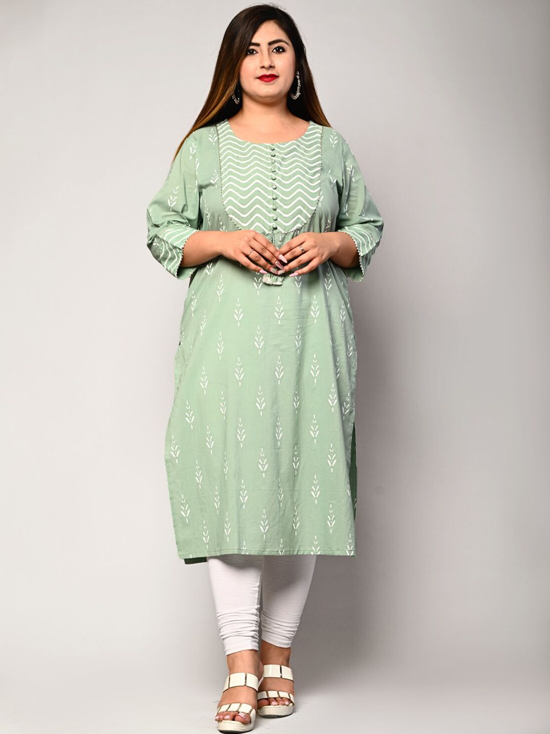 Swasti Plus Size Women Sage Green Ethnic Motifs Printed Pure Cotton Kurta Price in India