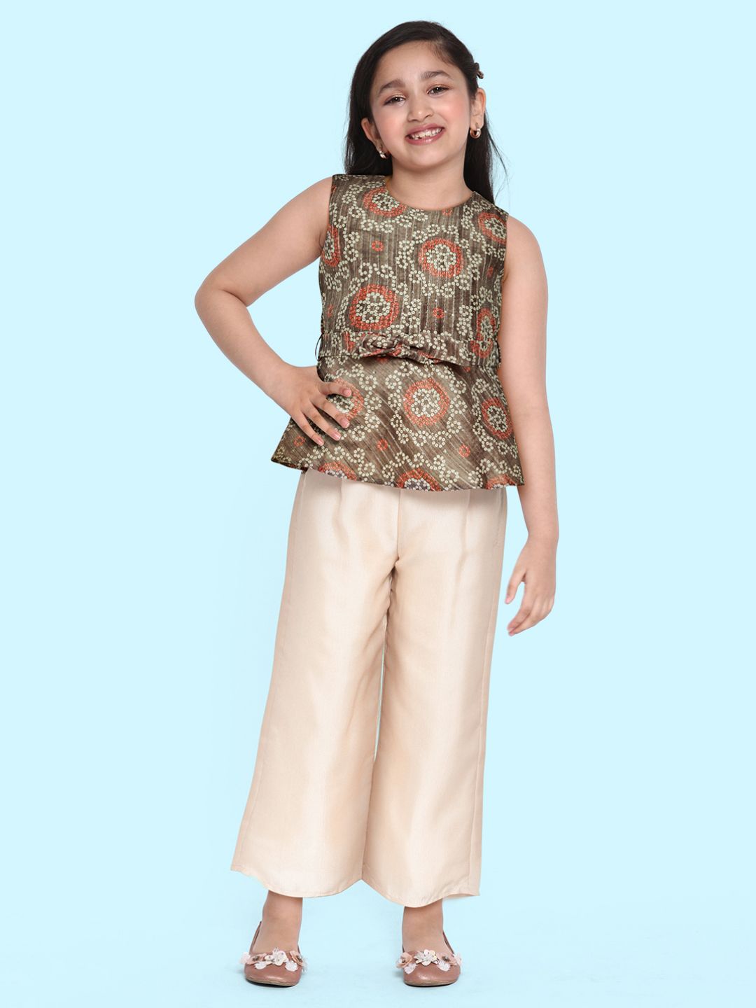 Ethnovog Girls Taupe Bandhani Printed Empire Kurti with Palazzos
