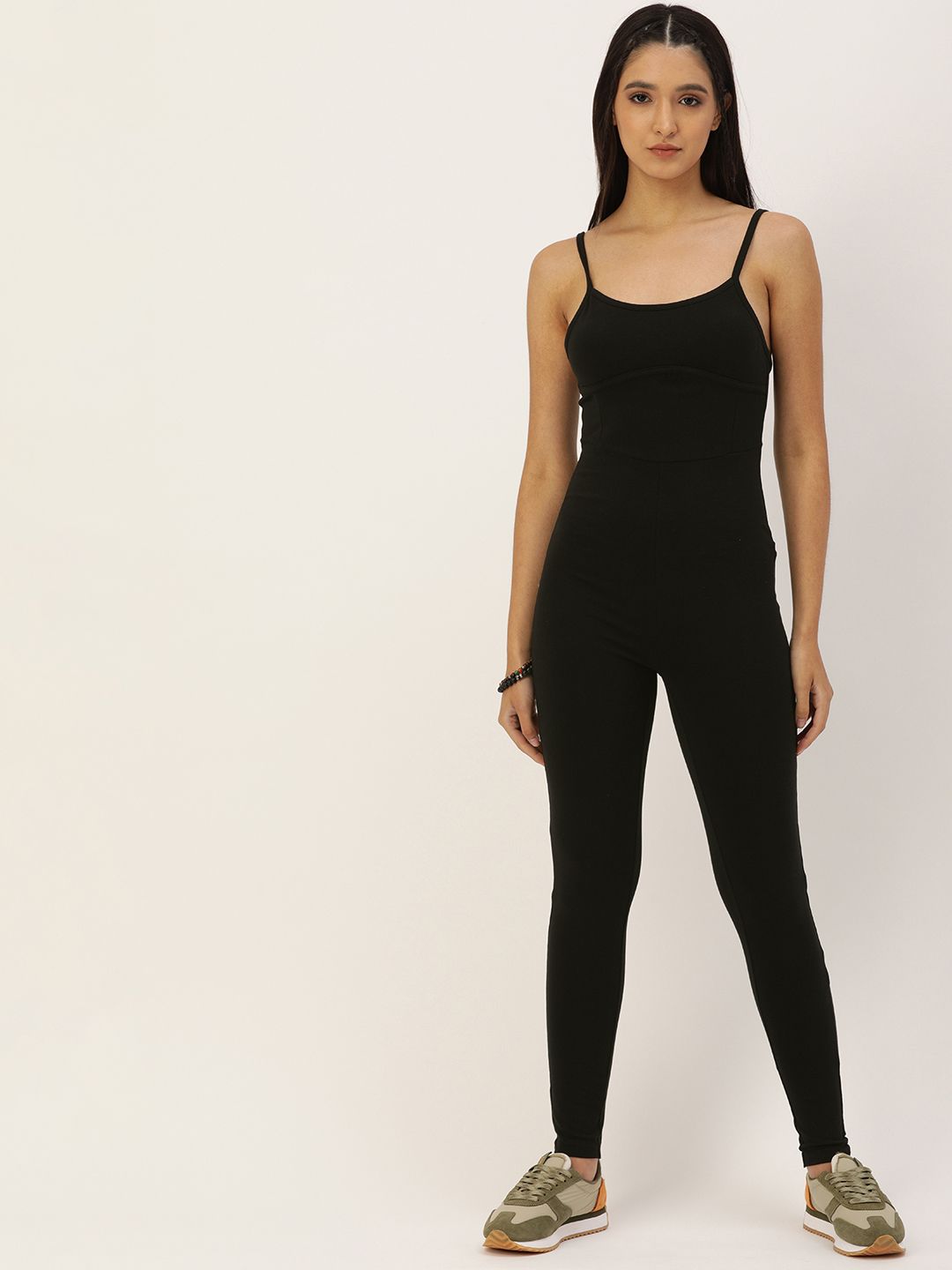 FOREVER 21 Black Shoulder Strap Basic Jumpsuit Price in India