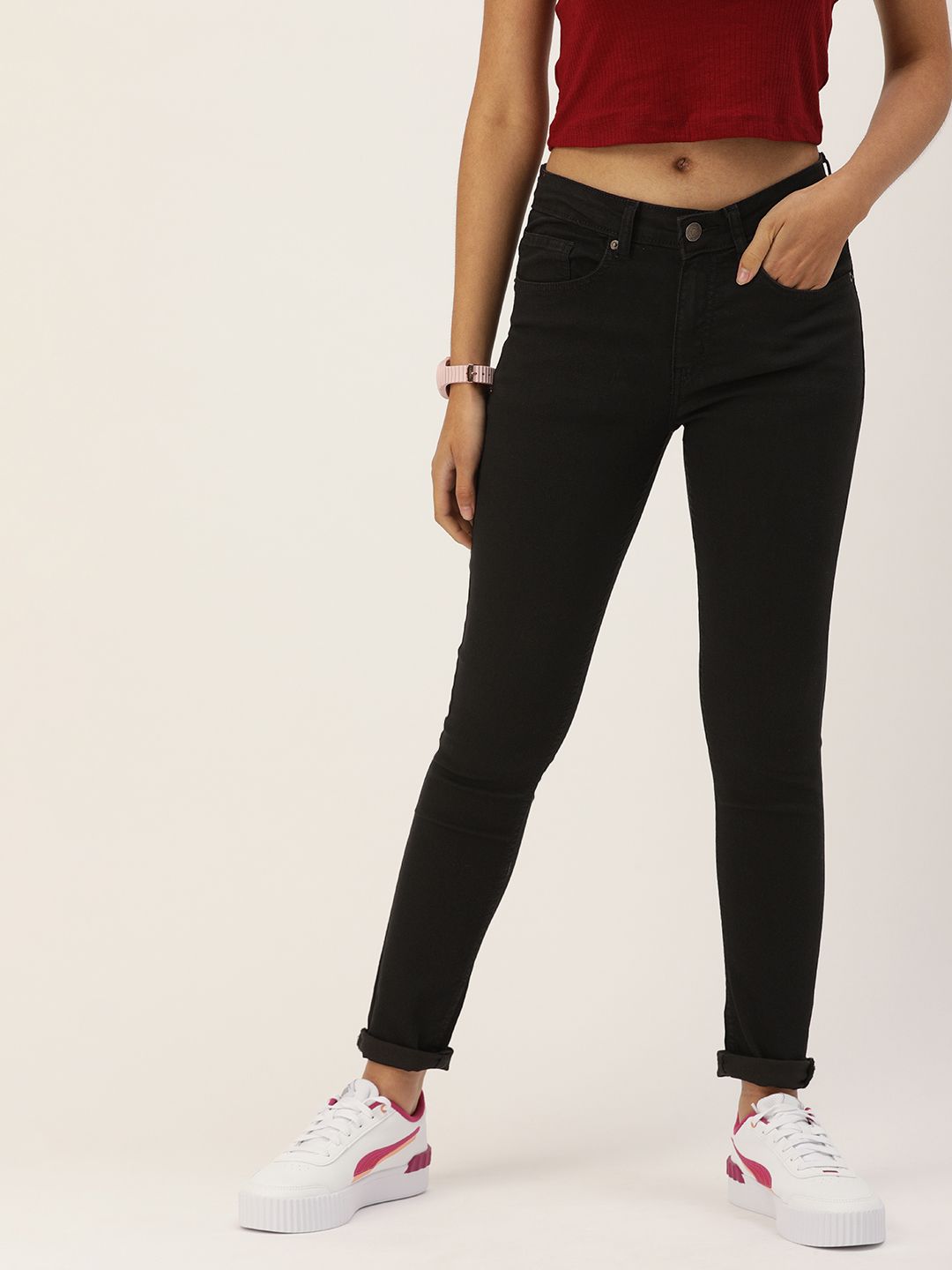 FOREVER 21 Women Black Regular Fit Mid-Rise Clean Look Stretchable Jeans Price in India