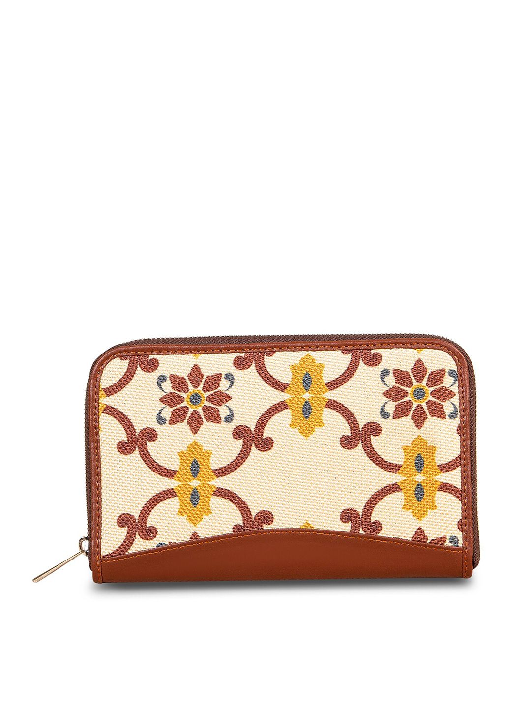 ZOUK Women Yellow & Coffee Brown Floral Zip Around Wallet with SIM Card Holder Price in India