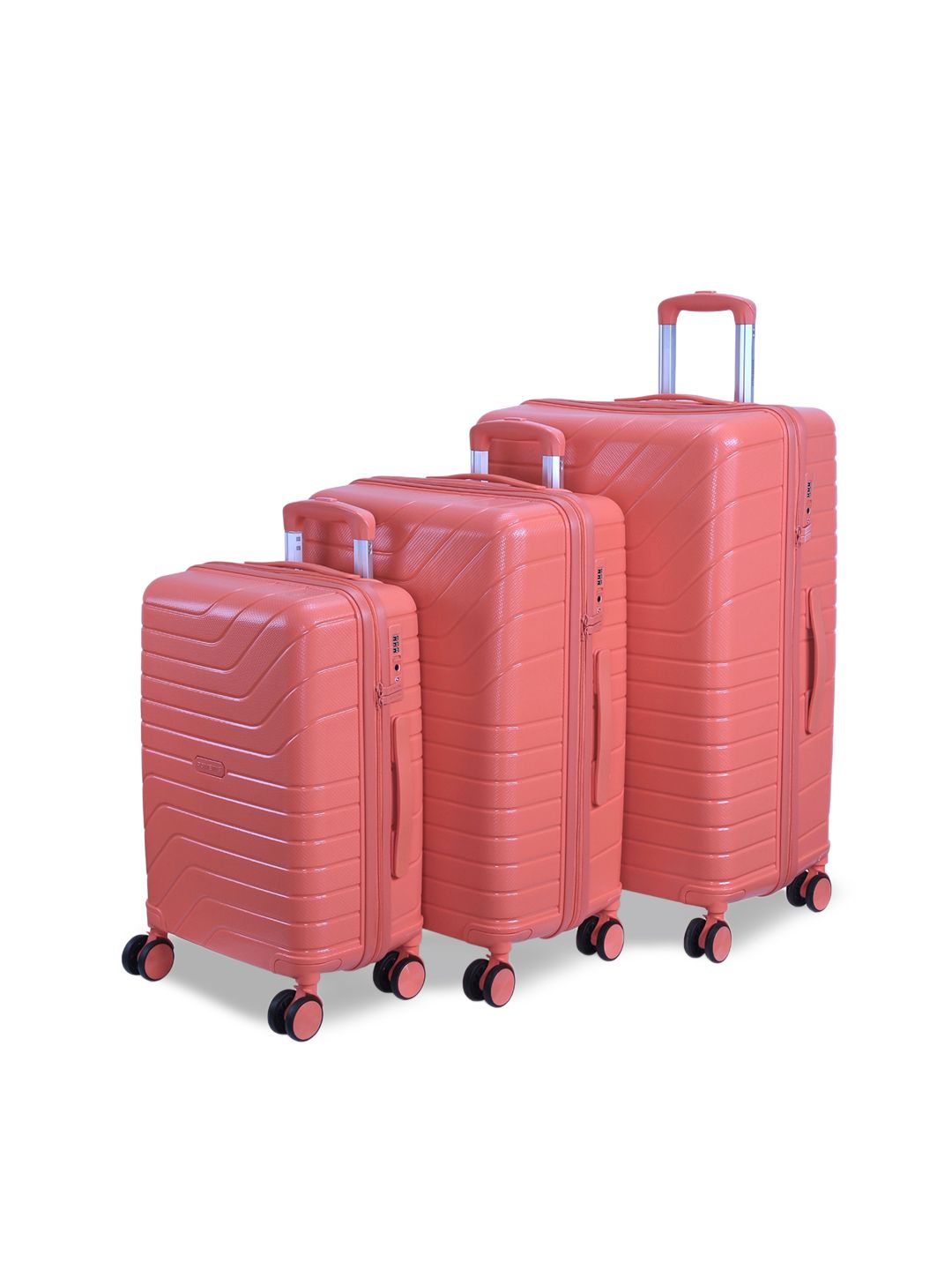 ROMEING Tuscany Set Of 3 Coral Red Textured Hard Sided Polypropylene Trolley Suitcase Price in India