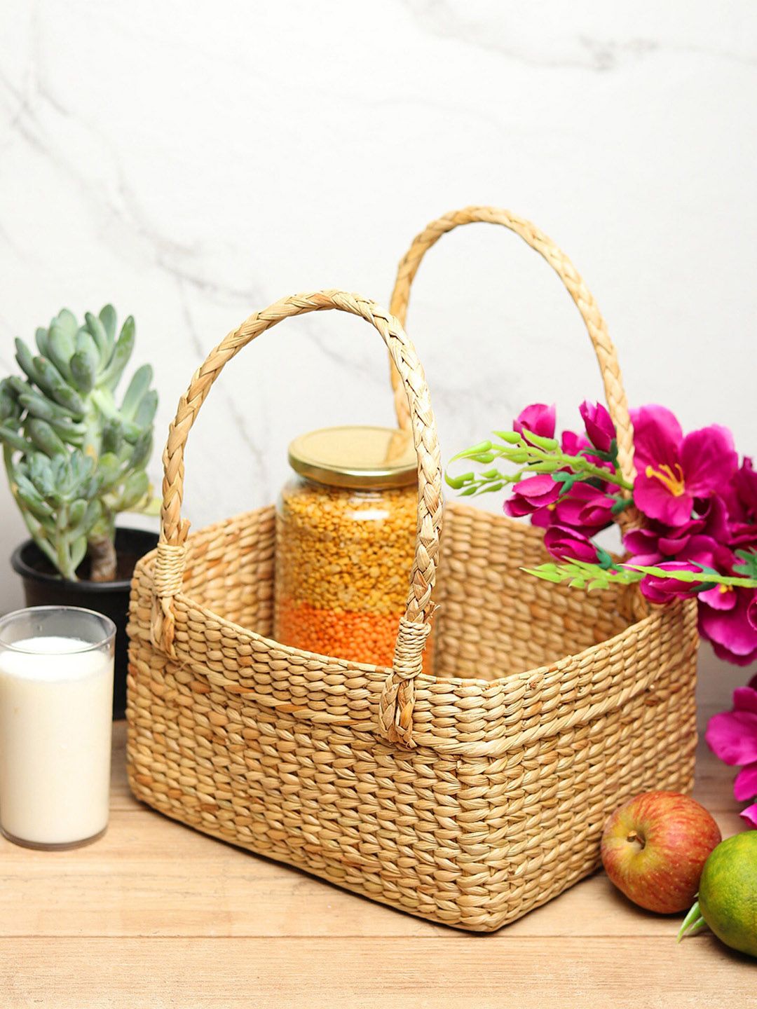 HABERE INDIA Beige Handcrafted Grass Storage Basket Price in India