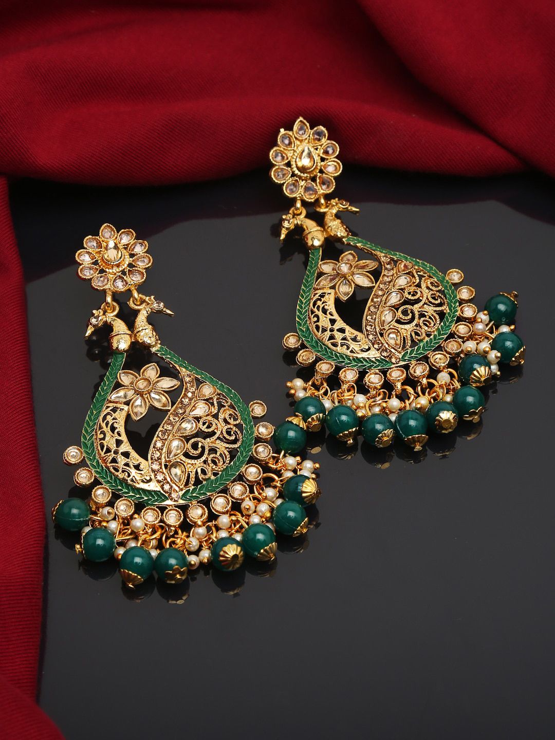 YouBella Gold-Plated & Green Contemporary Chandbalis Earrings Price in India
