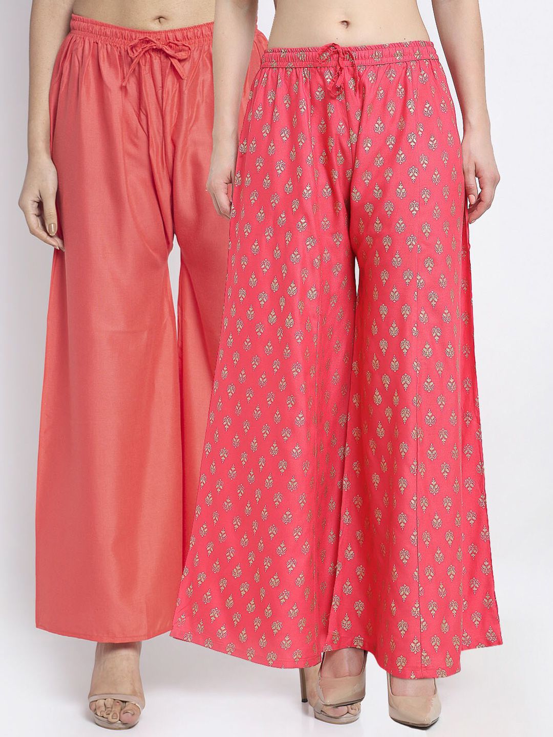 Jinfo Women Pack of 2 Orange & Pink 2 Floral Printed Flared Palazzos Price in India