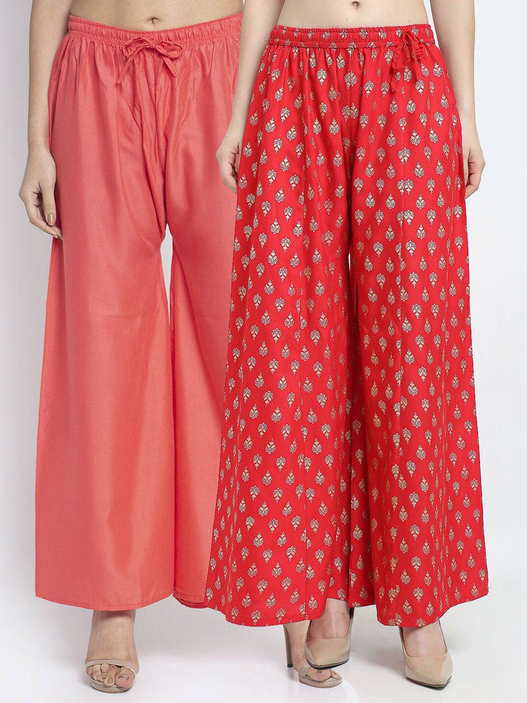 Jinfo Women Set Of 2 Coral Pink & Red  Ethnic Motifs Printed Ethnic Palazzos Price in India