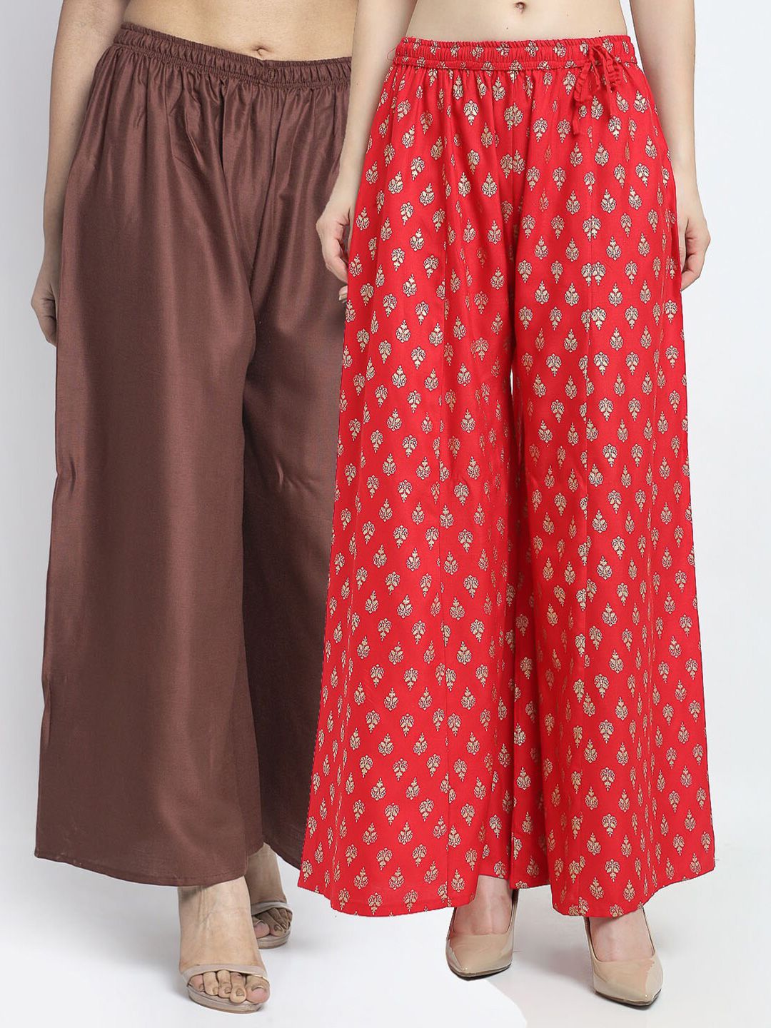 Jinfo Women Brown & Red Pack of 2 Printed Flared Knitted Ethnic Palazzos Price in India