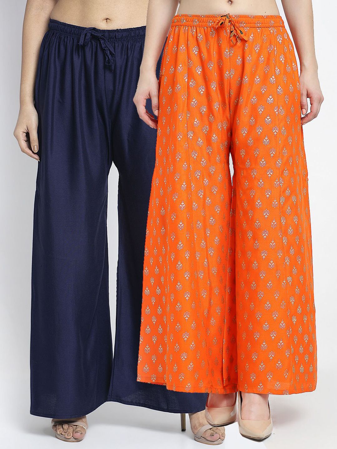 Jinfo Women Pack of 2 Navy Blue & Orange Printed Flared Knitted Ethnic Palazzos Price in India