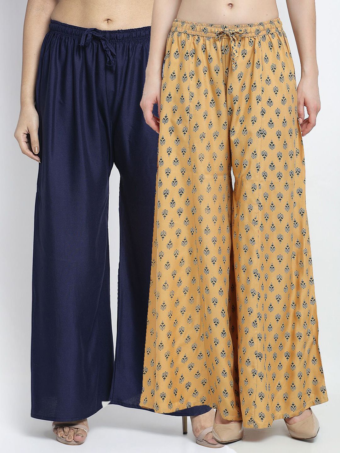 Jinfo Women Navy Blue & Beige Pack of 2 Printed Flared Knitted Ethnic Palazzos Price in India