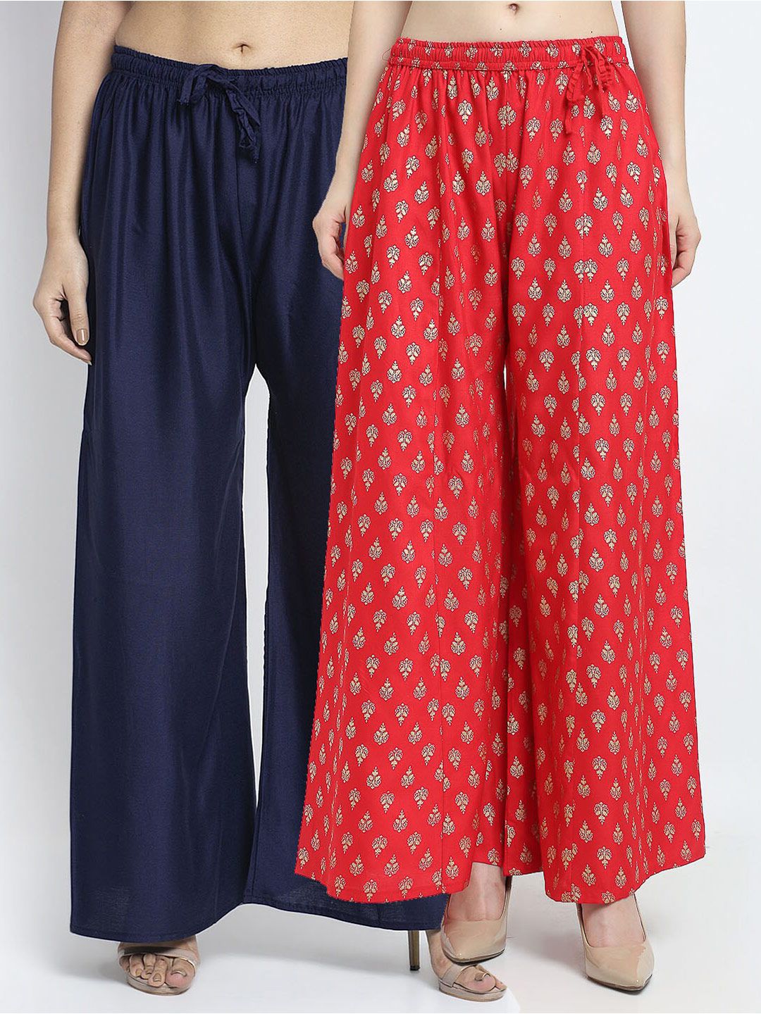 Jinfo Women Pack Of 2 Navy Blue & Red Printed Flared Palazzos Price in India