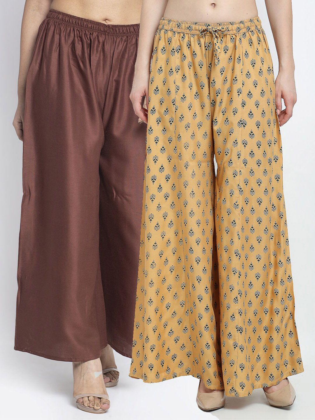 Jinfo Women Brown & Beige Pack of 2 Printed Flared Knitted Ethnic Palazzos Price in India