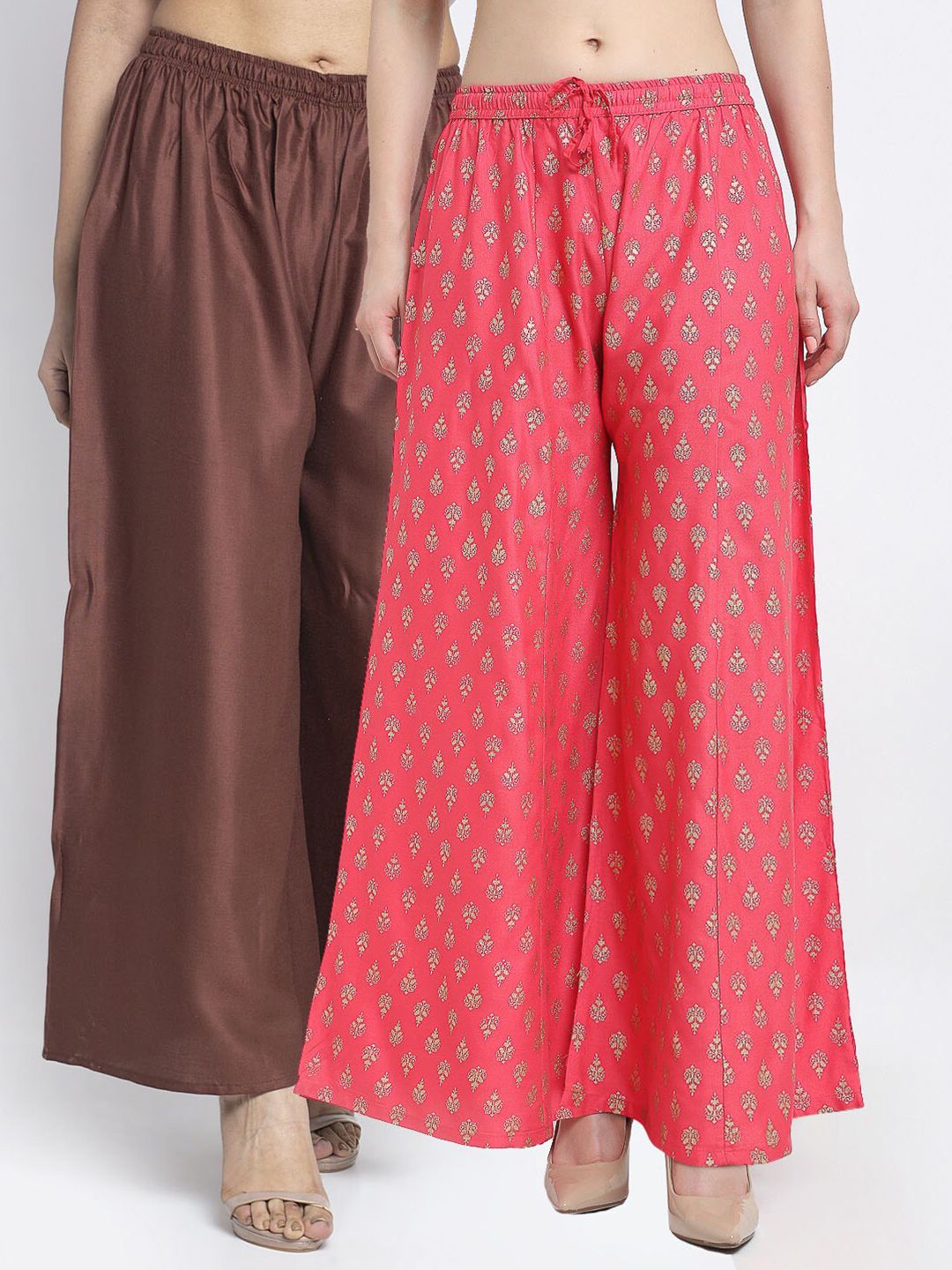 Jinfo Women Set of 2 Brown & Pink Printed Flared Knitted Ethnic Palazzos Price in India